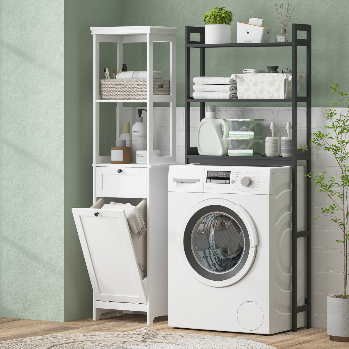 HOMCOM Slim White Bathroom Storage Cabinet with Tilt-Out Hamper