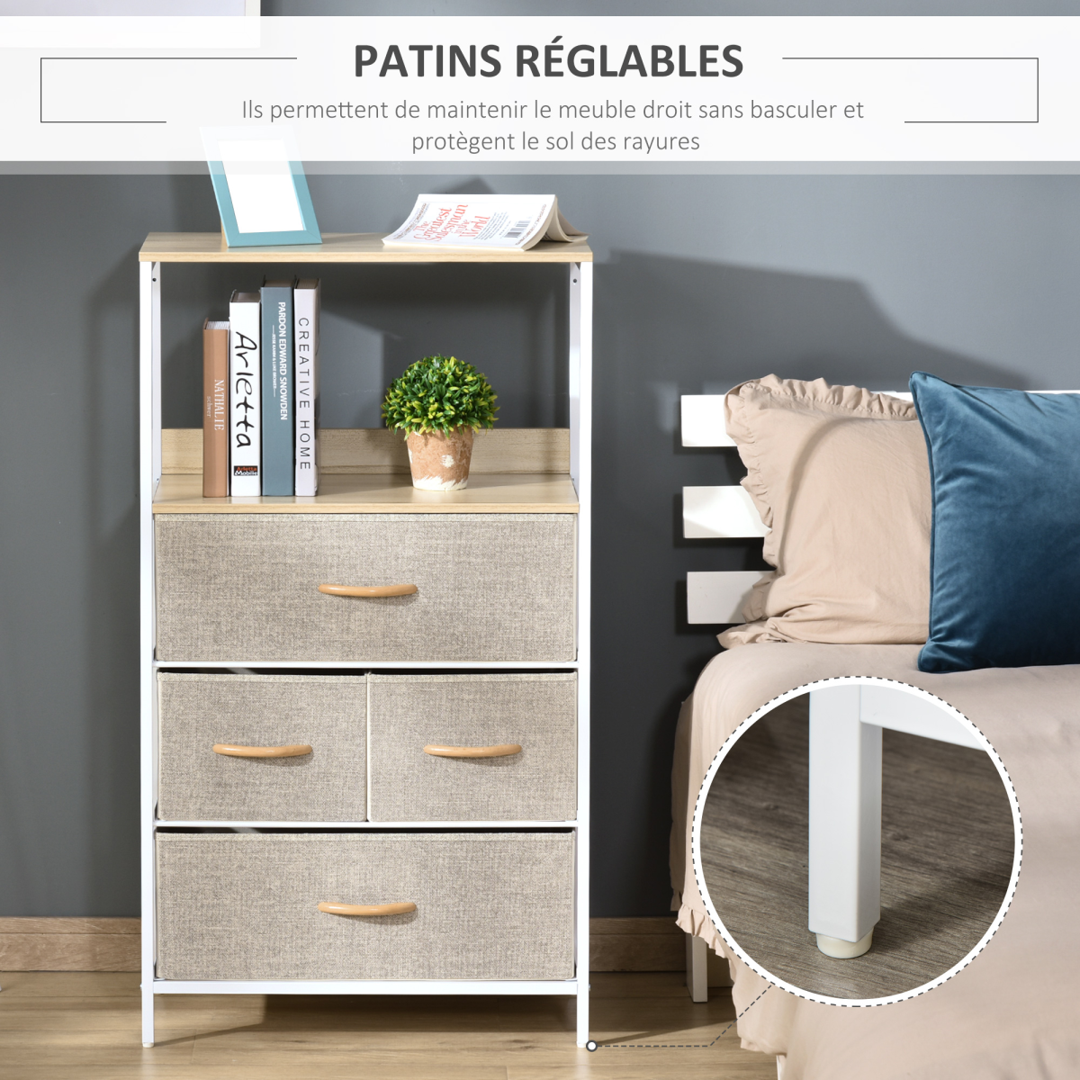 HOMCOM Chest of Drawers with 4 Fabric Bins and 2 Shelves, White