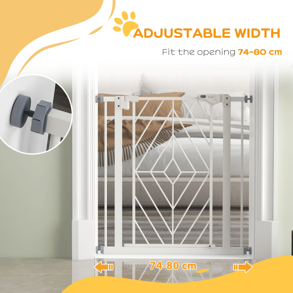 PawHut Adjustable Pressure Fit Safety Gate, Auto Close, 74-80cm