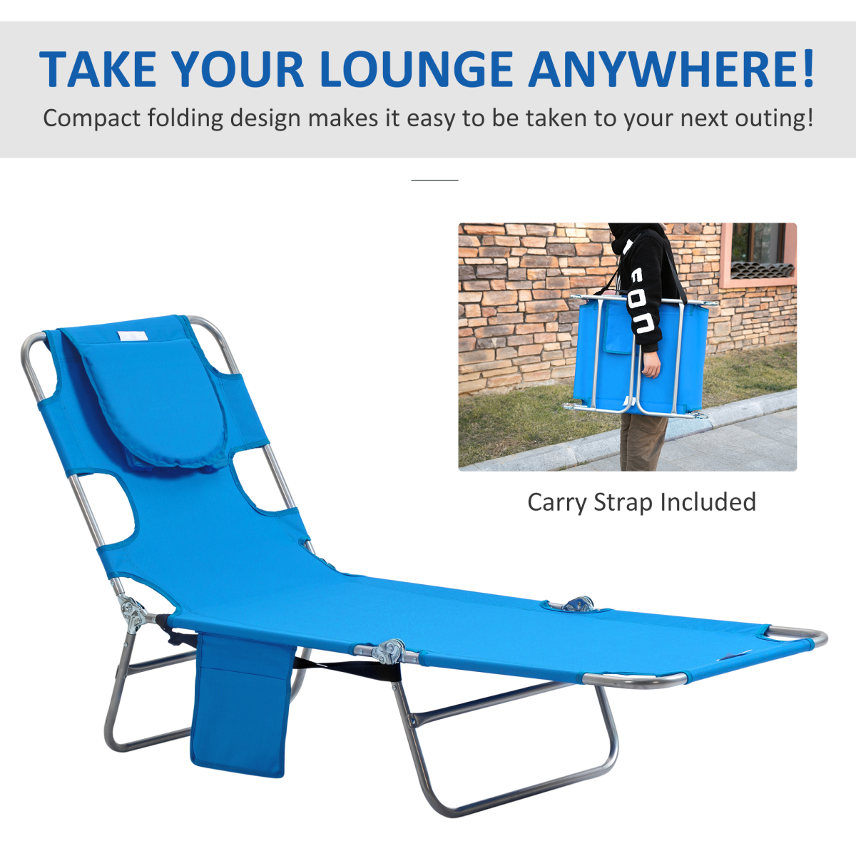 Outsunny Beach Chaise Lounge Sun Lounger with Face Hole, 5-Position Adjustable Backrest, Foldable, Blue
