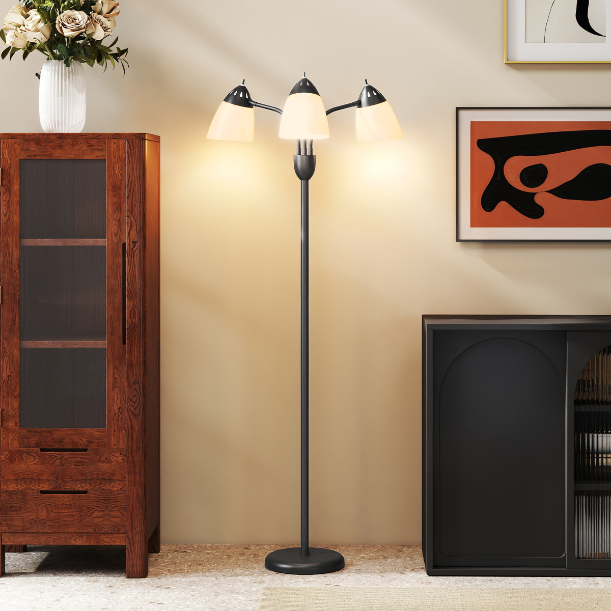 HOMCOM 3-Light Arc Tree Floor Lamp, Flexible Heads, Black, 3000K/4500K/6500K