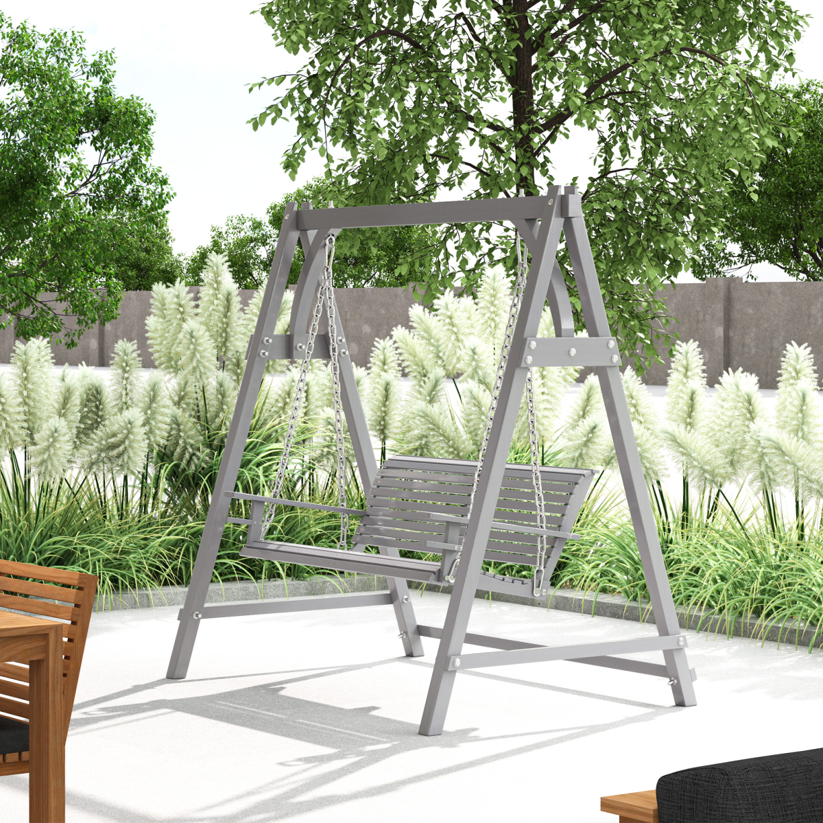 Outsunny 2 Seater Wooden Garden Swing Seat with Cup Trays, Grey