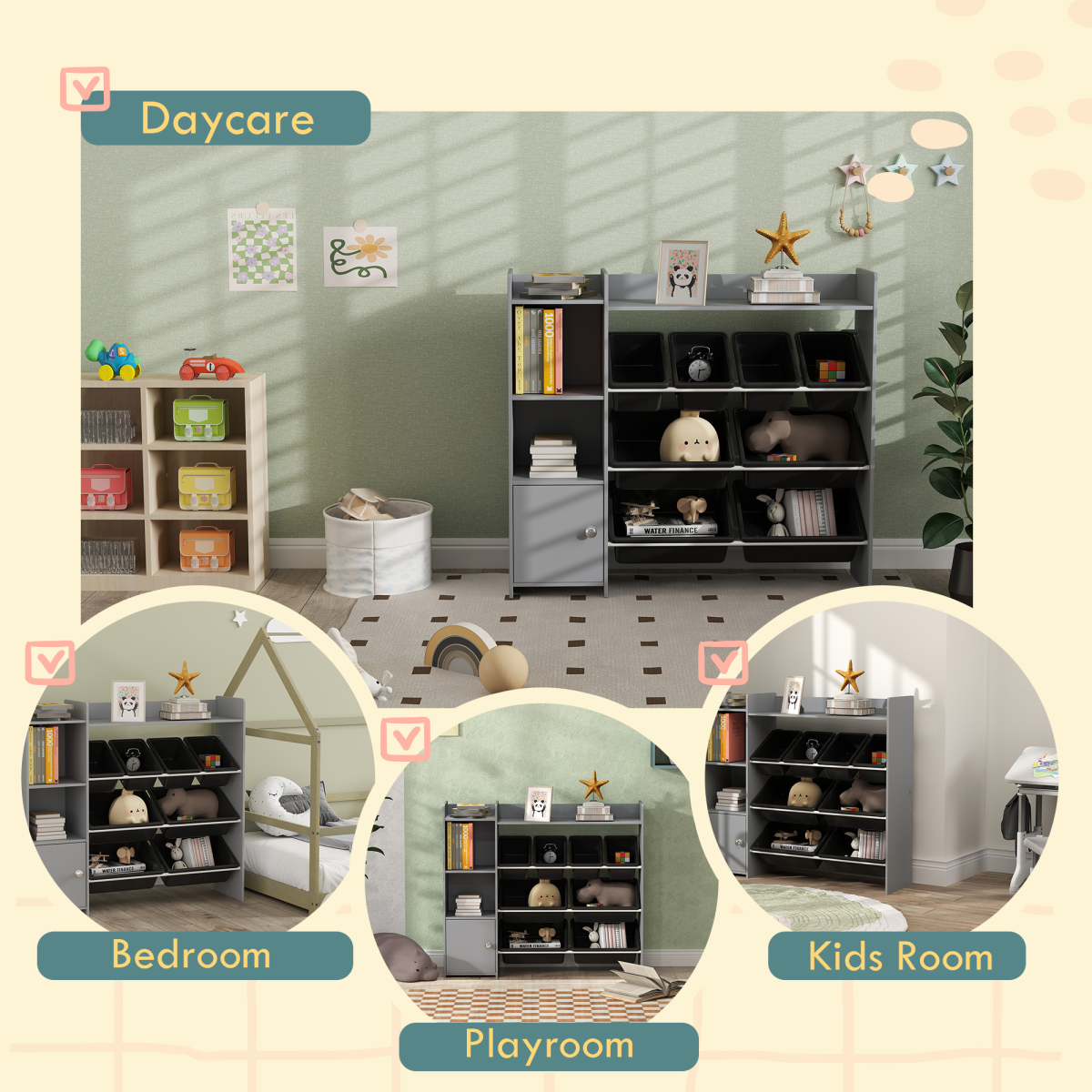 AIYAPLAY Toy Storage Unit with 8 Removable Bins, Shelves & Cabinet