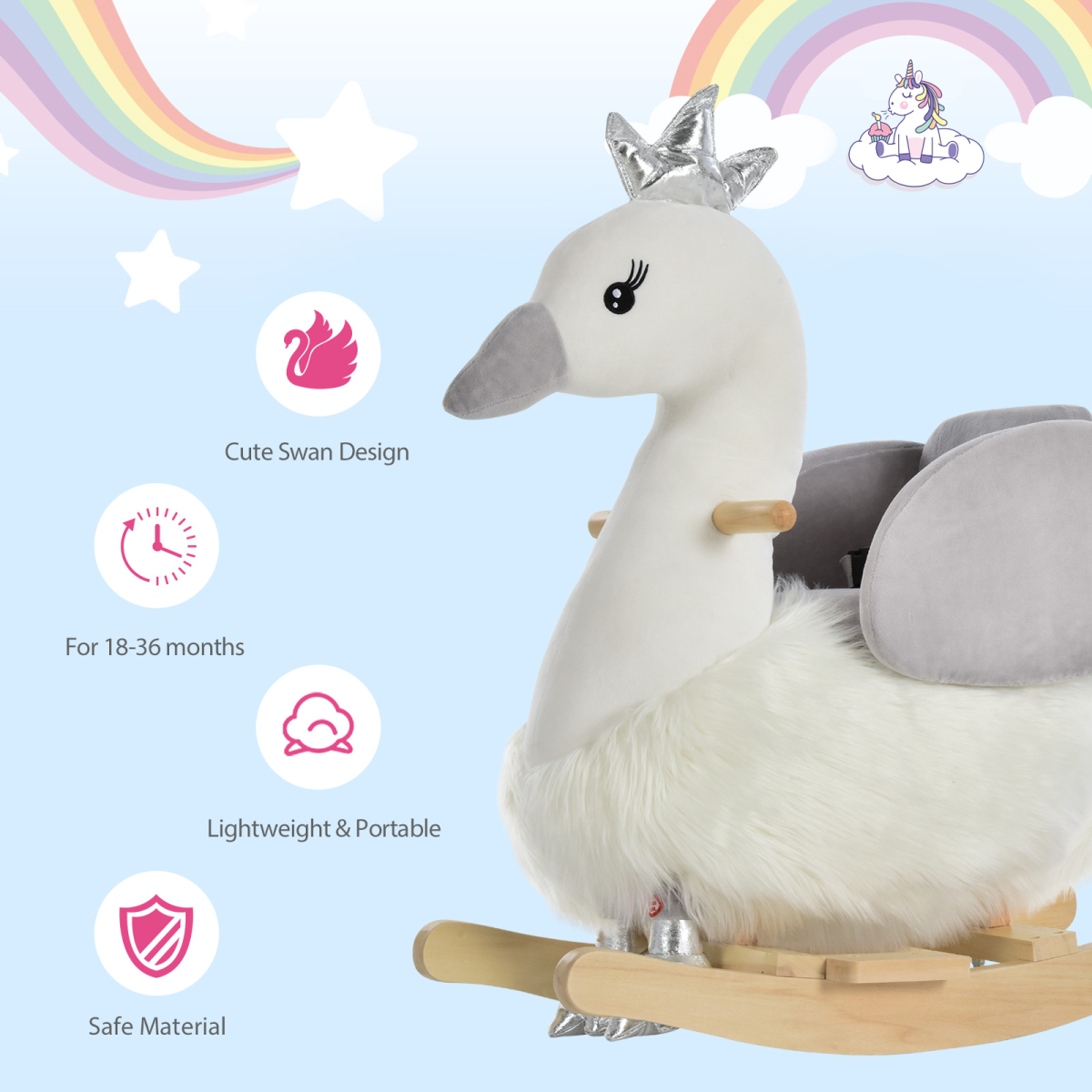 HOMCOM Kids Ride-On Rocking Swan with Sound, Seat Belt & Plush Seat