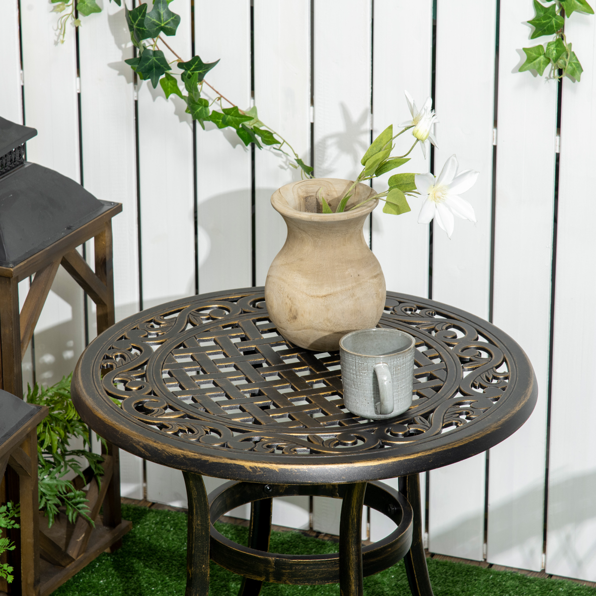 Outsunny 60cm Round Hollow Top Design Side Table with Cast Aluminum Frame