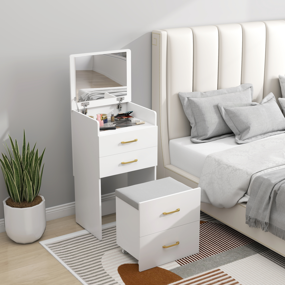 HOMCOM 3-in-1 Dressing Table Vanity Desk with Mirror & Cushioned Stool