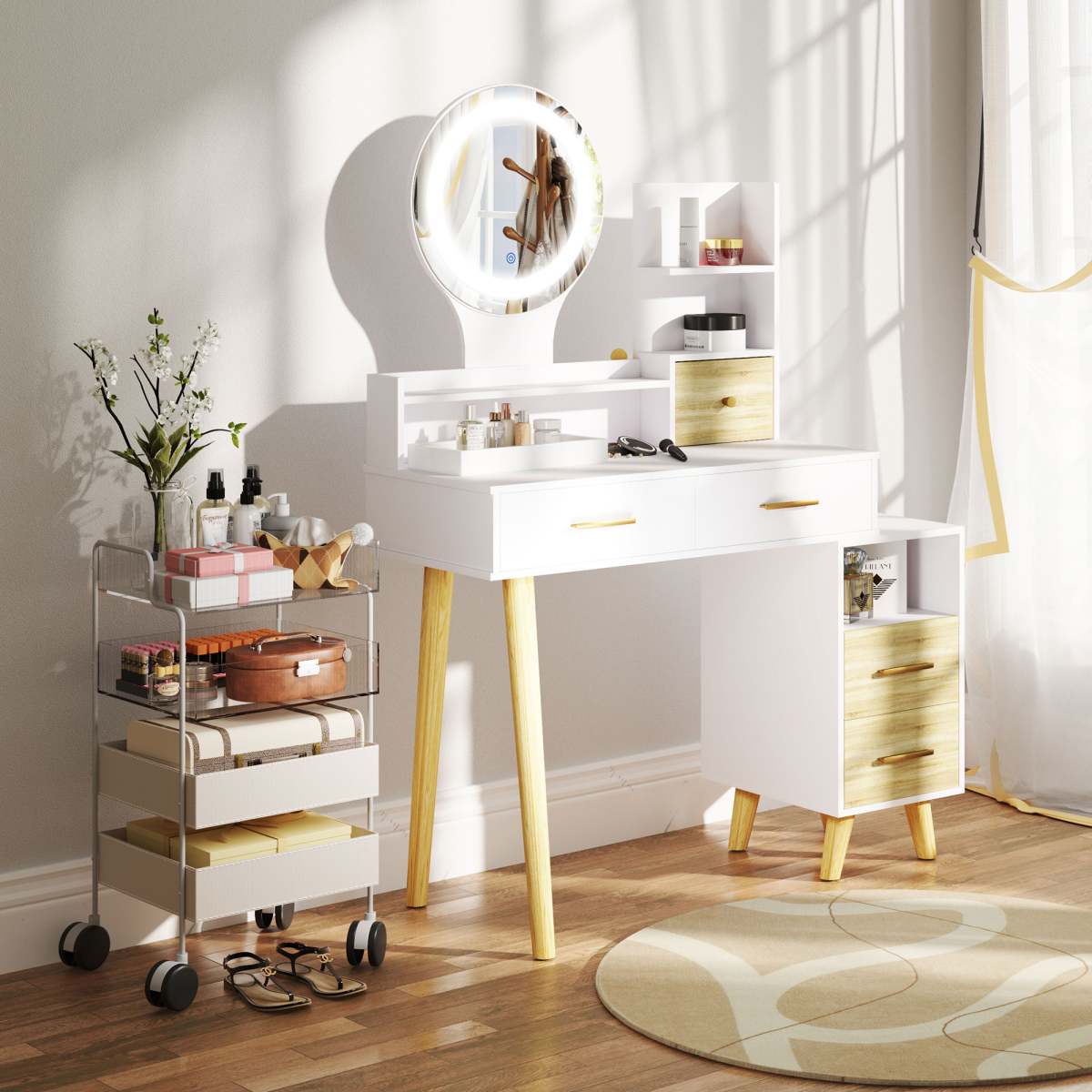 HOMCOM White Vanity Table with Mirror, LED Lights, 5 Drawers