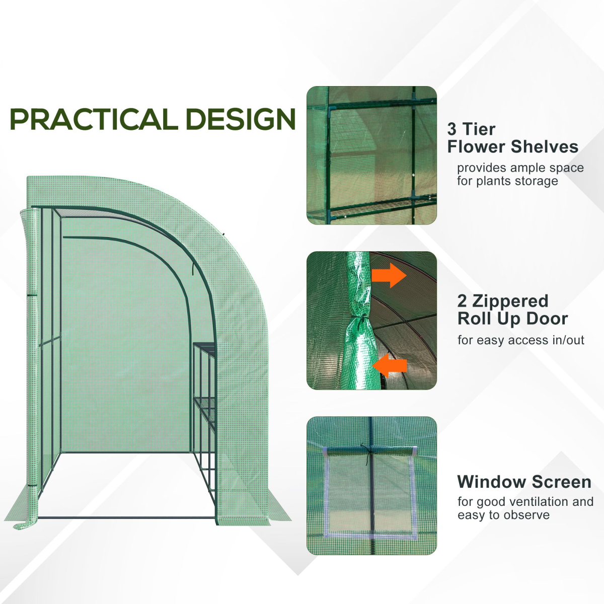 Outsunny Walk-In Greenhouse with PE Cover and 3-Tier Shelves, Green, 300 x 150 x 213 cm