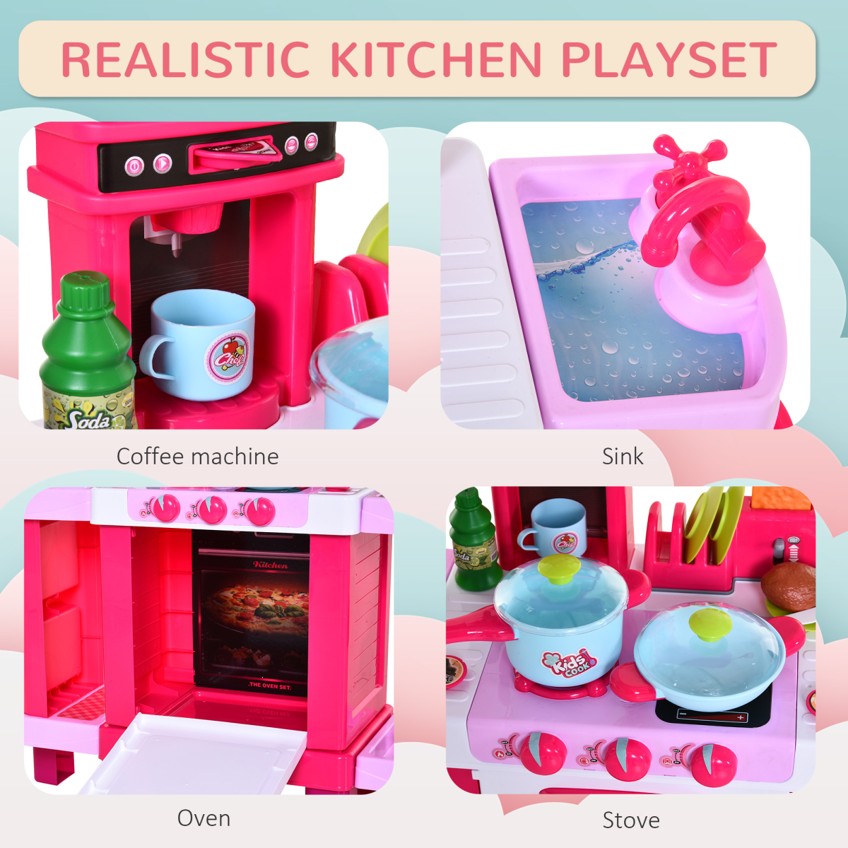 HOMCOM 38-Piece Children’s Kitchen Play Set with Realistic Sounds and Lights, Play Oven, Bread Maker, Sink, Utensils and Food Items