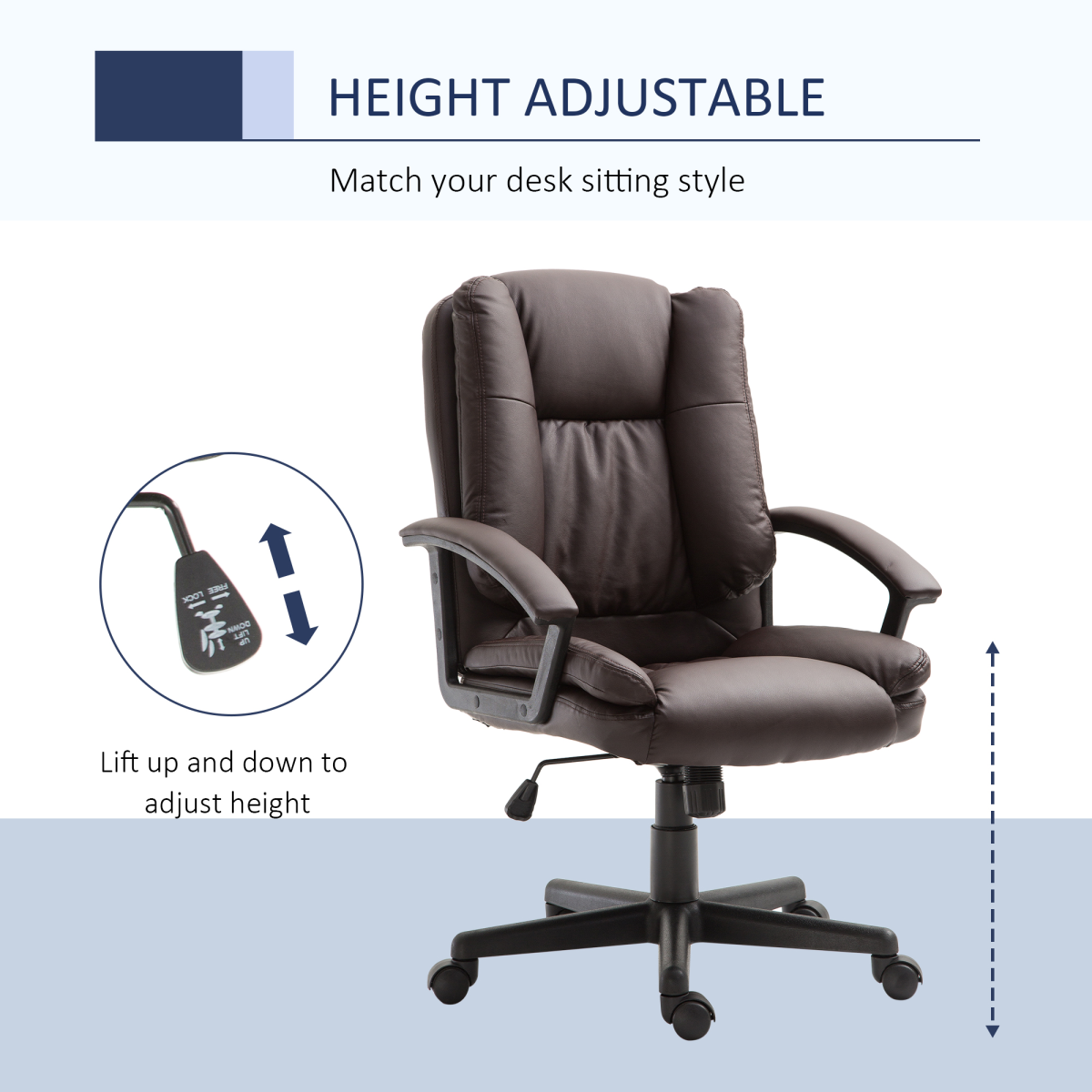 Swivel Executive Mid Back PU Leather Office Chair with Arm, Brown