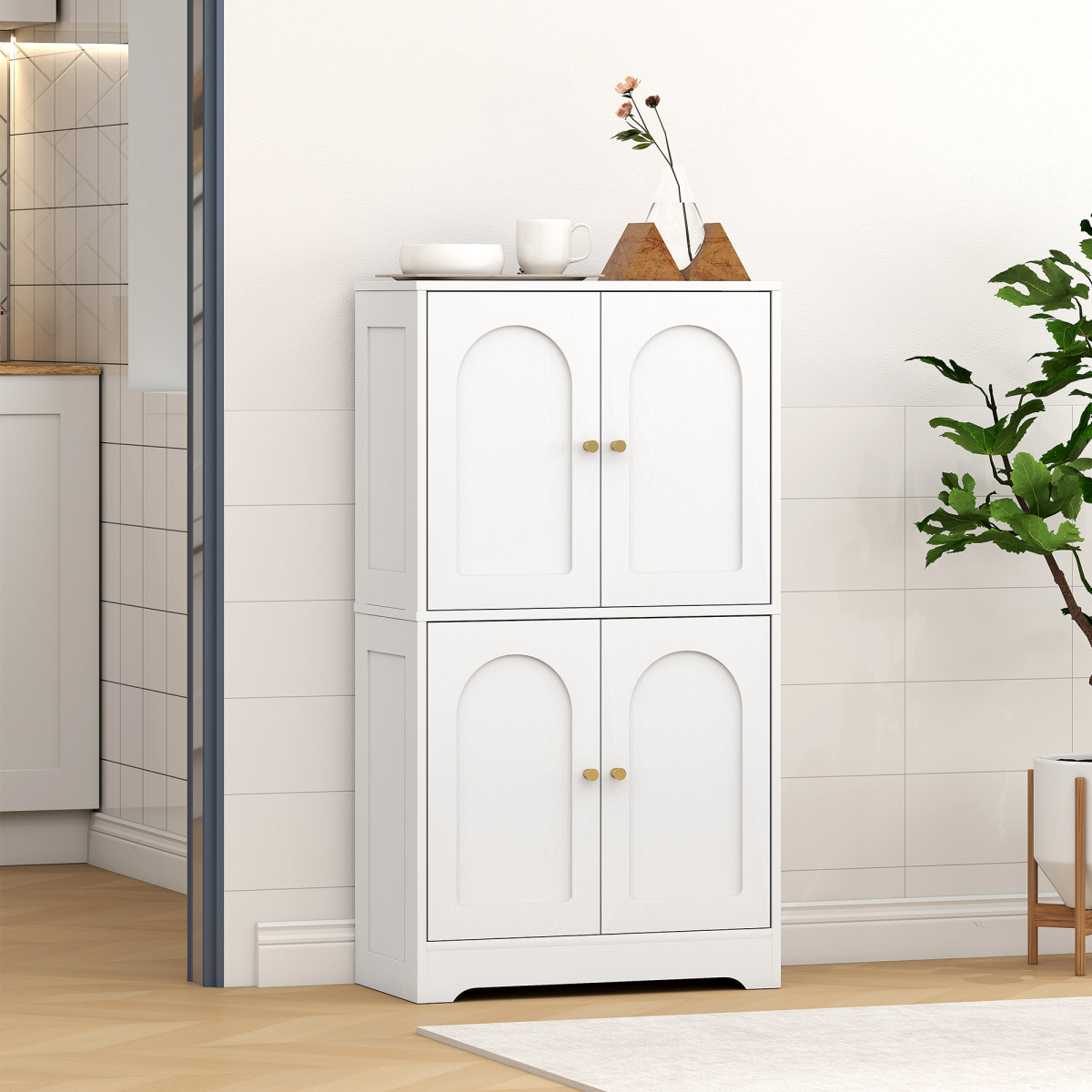 HOMCOM 110cm White Kitchen Cupboard with 4 Arched Doors and Adjustable Shelves