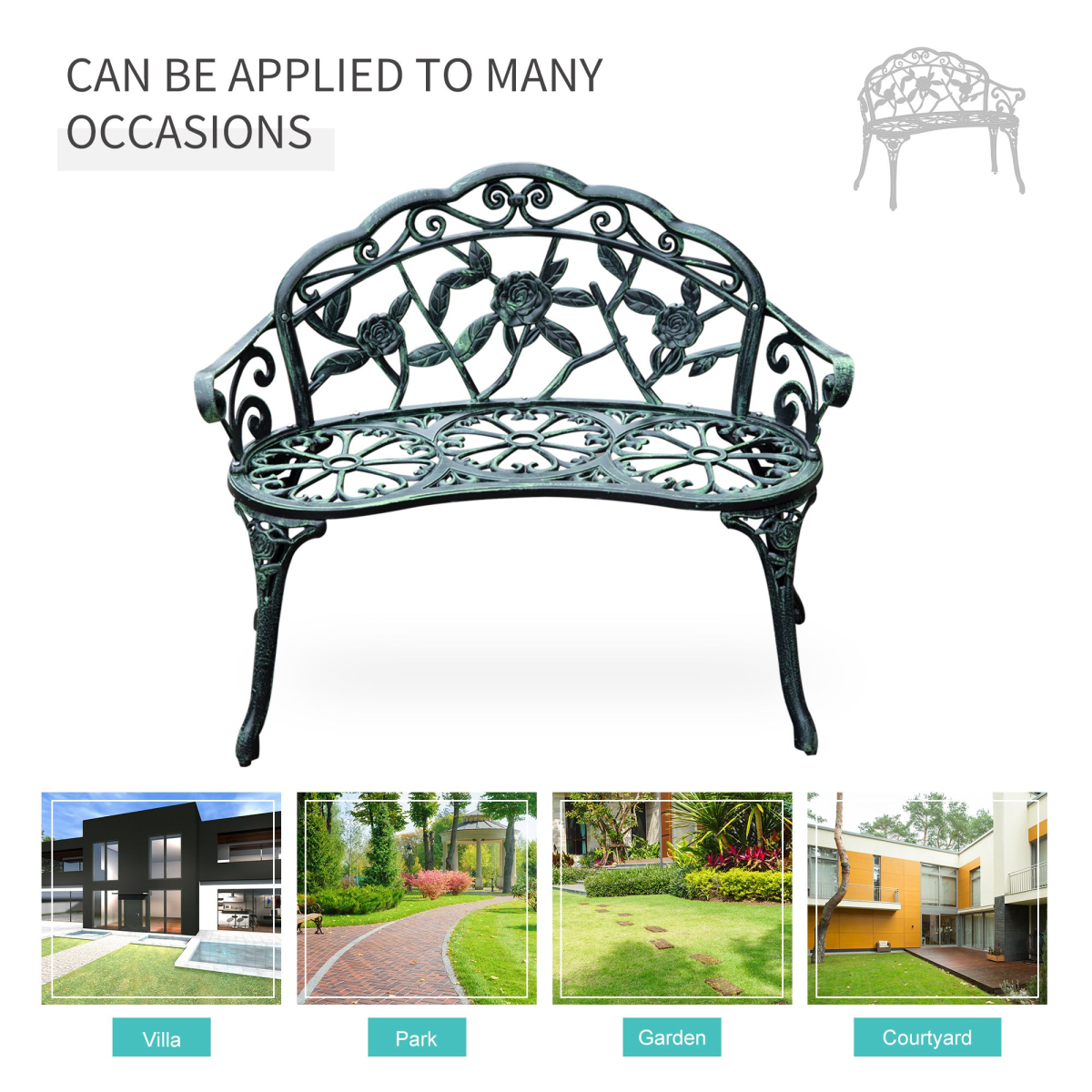 Outsunny Antique Style Cast Aluminum Garden Bench with Curved Back, Rose Pattern, Verdigris Finish