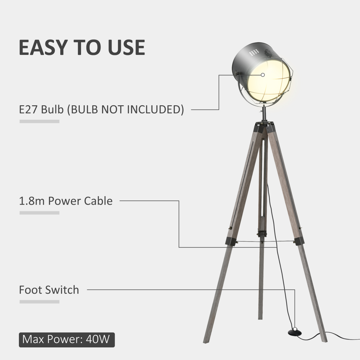 HOMCOM Pine Wood Tripod Spotlight Floor Lamp, Height Adjustable, Brown/Black