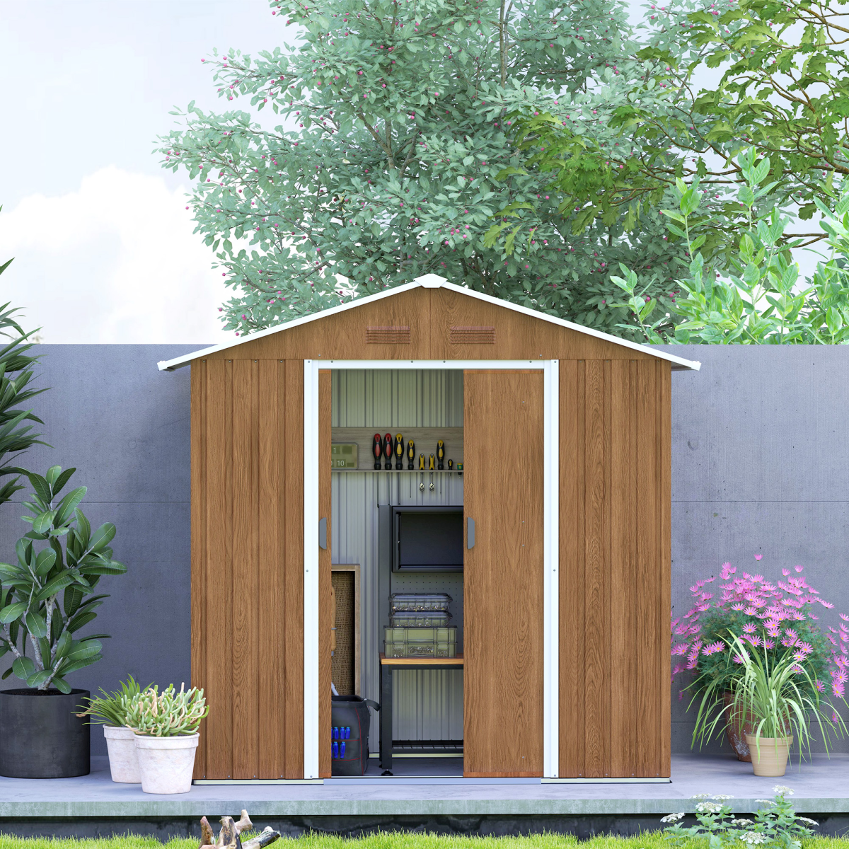 Outsunny 6.5 x 3.5ft Galvanised Steel Garden Shed, Brown Wood Effect
