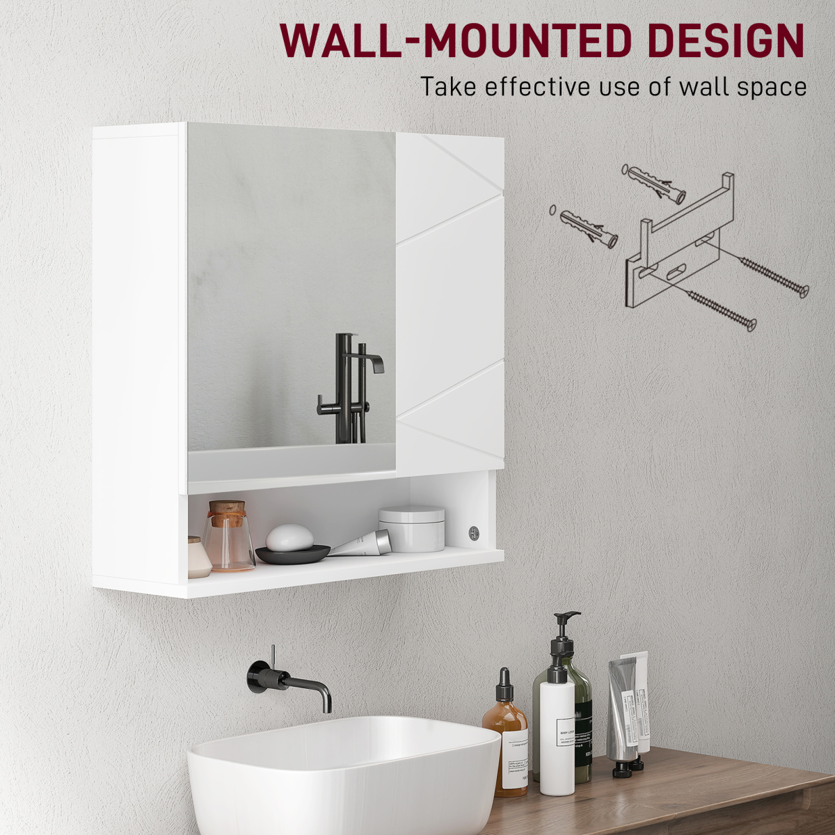 kleankin Wall Mounted Bathroom Cabinet with Mirror and Shelf, White