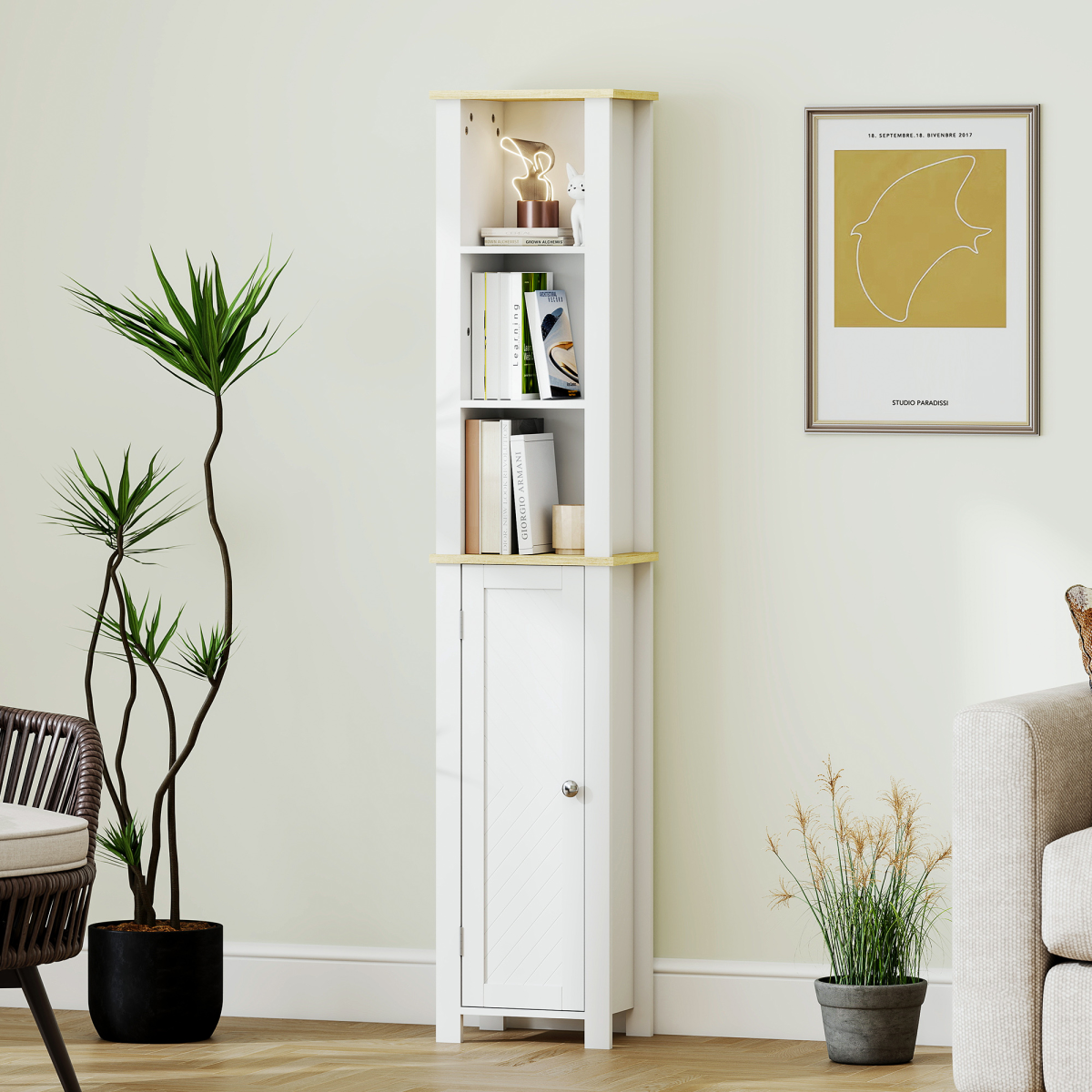 kleankin Slim Bathroom Storage Cabinet with Open Shelf, White
