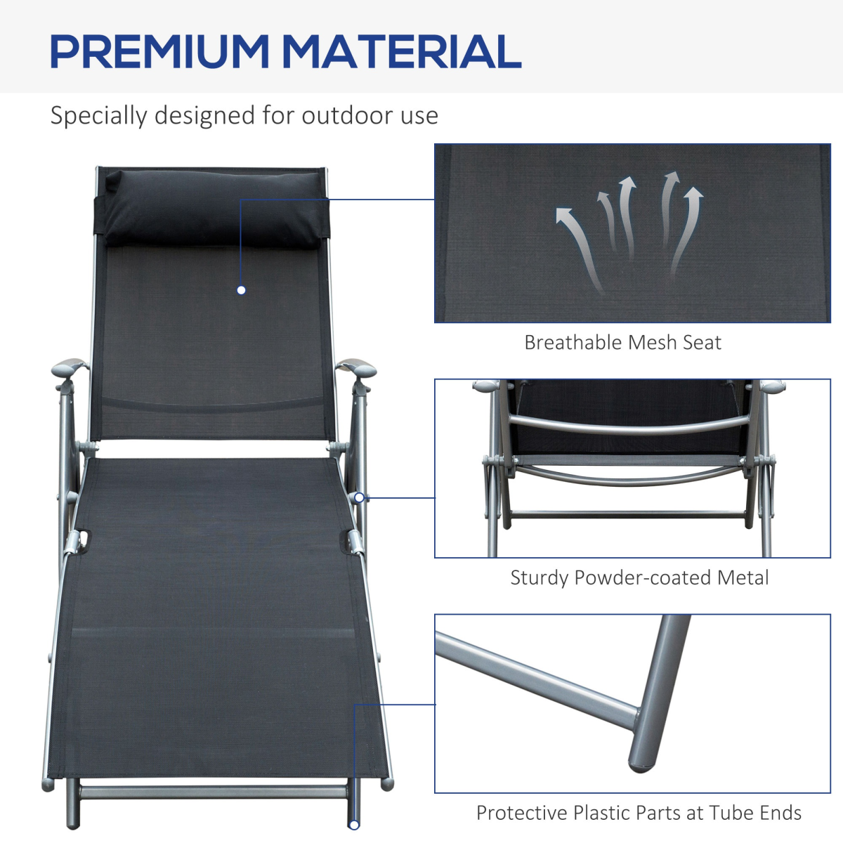 Outsunny Foldable Textilene Sun Lounger Recliner, 5-Level Adjustable Black