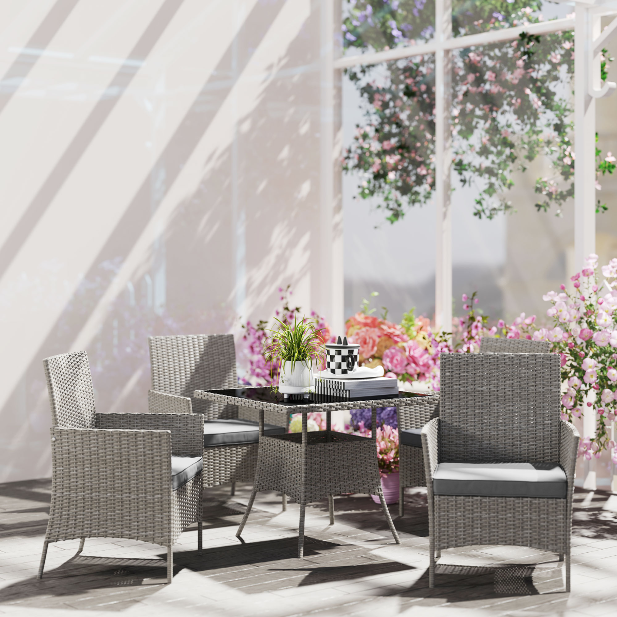 Outsunny 5-Piece Outdoor Rattan Dining Set for 4 with Cushions, Light Grey
