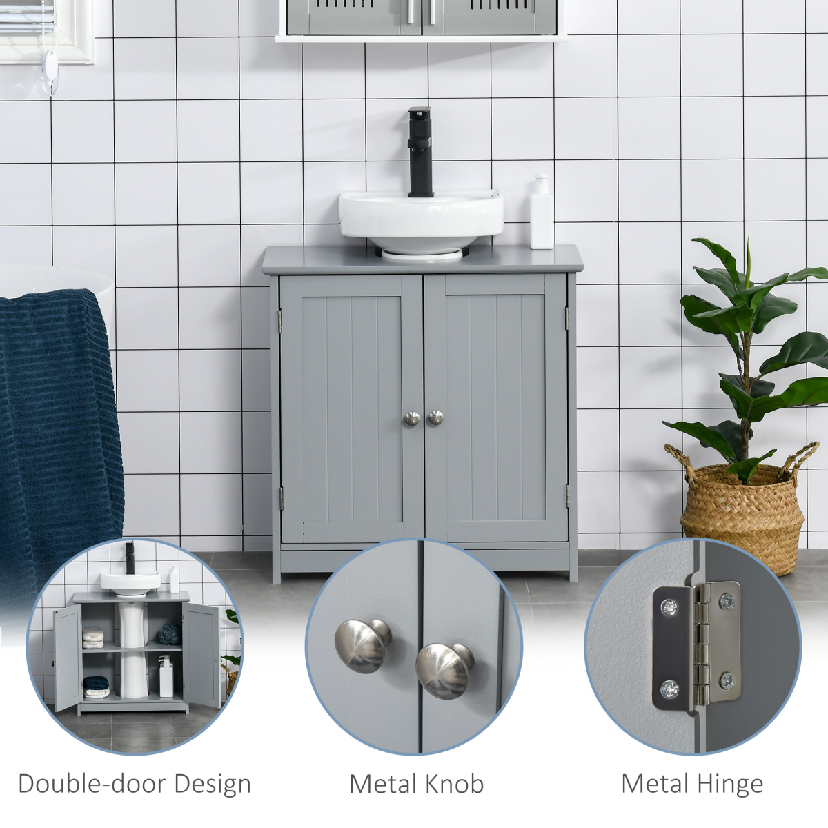kleankin Under Sink Storage Cabinet 60 x 60cm Adjustable Shelf U-Shaped Pipe Cut-Out Grey