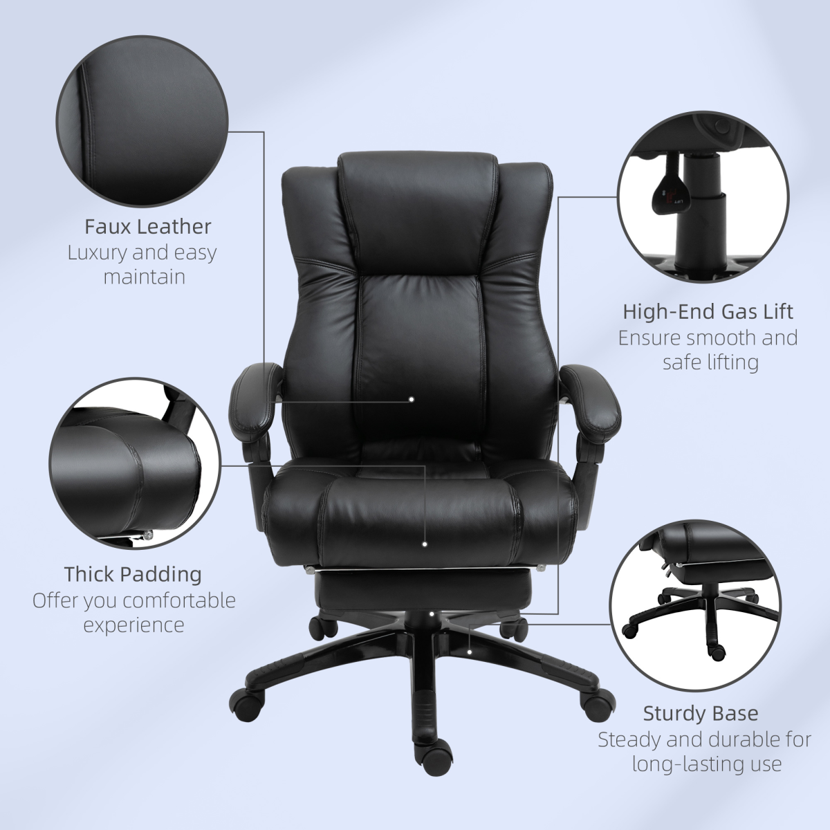 Executive High Back Office Chair with Reclining Backrest, Retractable Footrest, Adjustable Height, 360 Swivel Wheels, Black