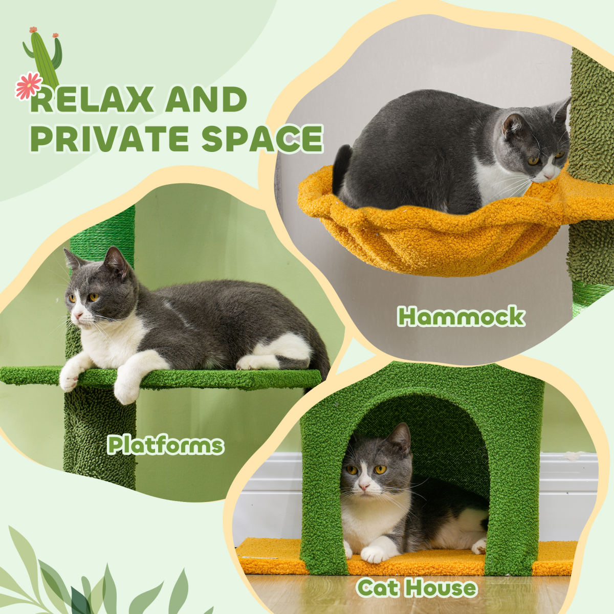 PawHut Adjustable Floor-to-Ceiling Indoor Cat Tree with House & Hammock