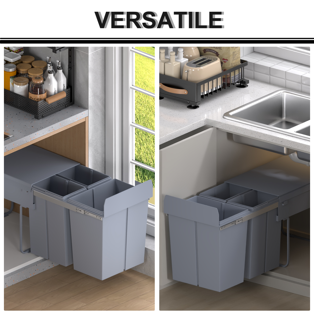 HOMCOM Pull-Out Recycling Waste Bin Cabinet 40L Grey Soft Close