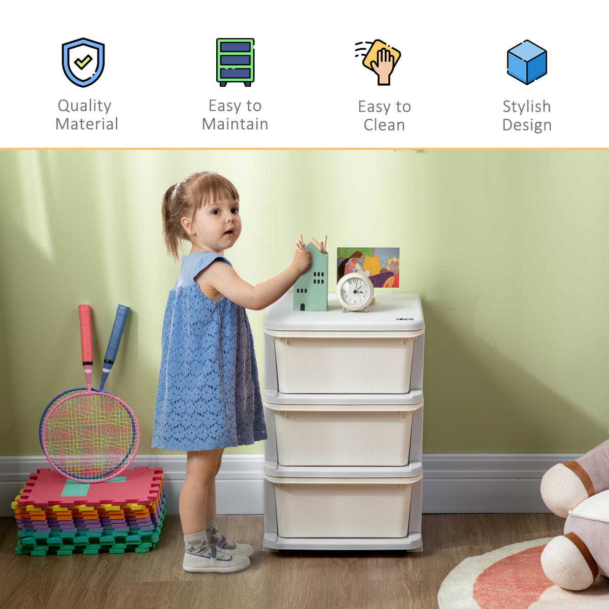 HOMCOM Kids Storage Unit w/ Three Drawers Three-Tier Chest Vertical Dresser