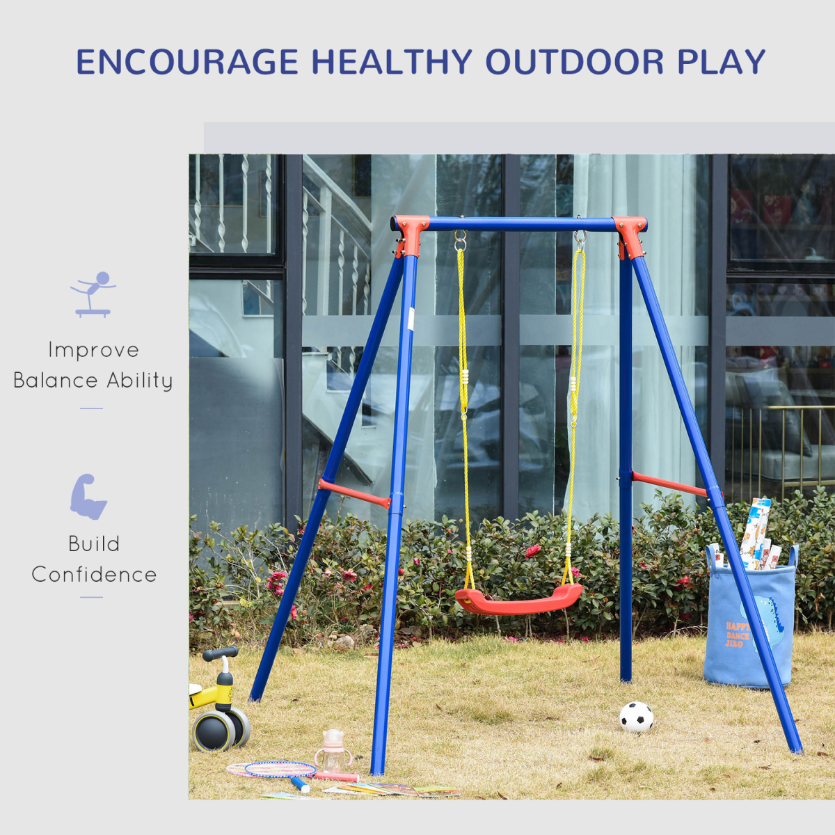 Children's Metal Swing Set with Adjustable Ropes, A-Frame Stand