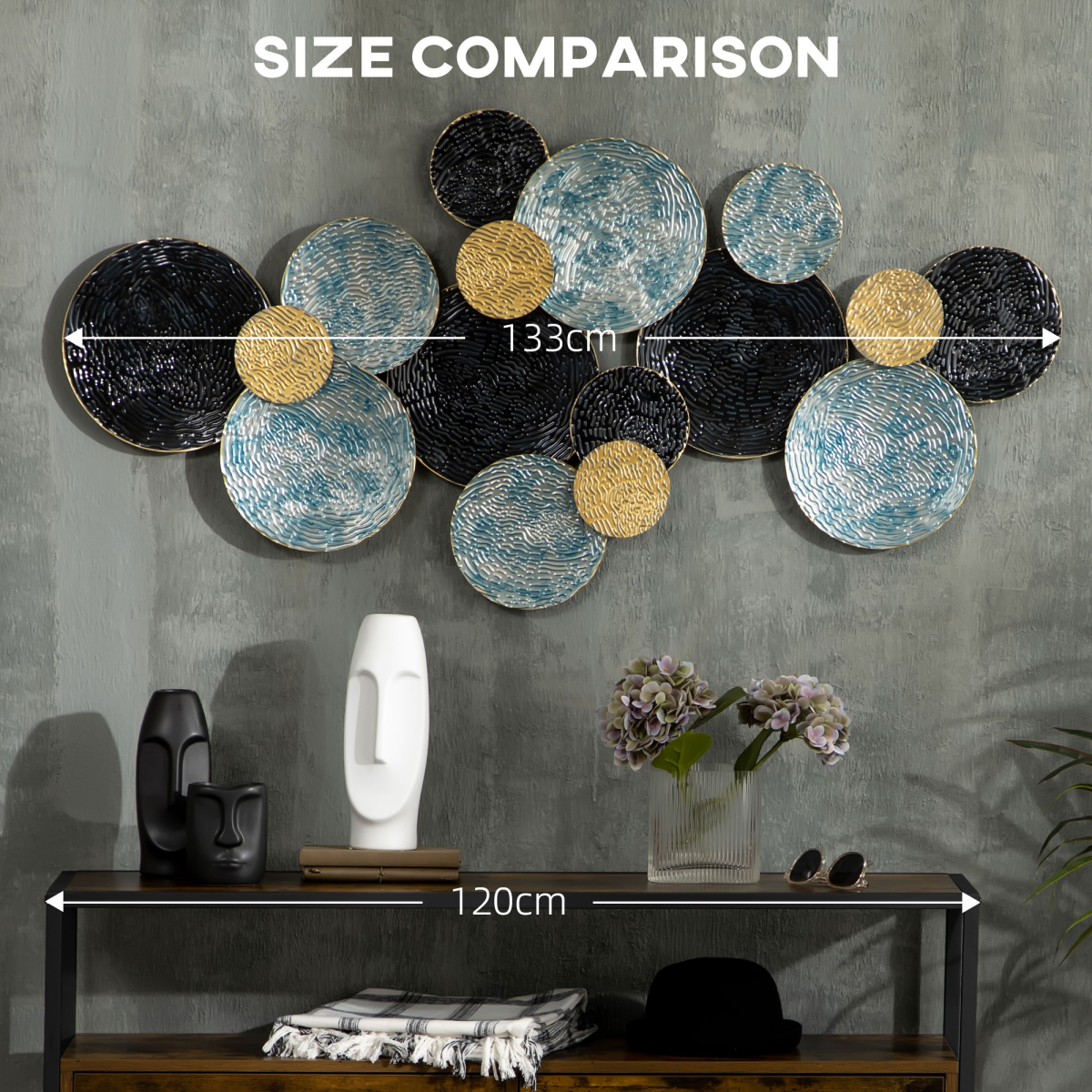 3D Minimalist Metal Multi-Disc Circle Wall Art Hanging Sculpture, Ready to Hang, 66 x 133 cm