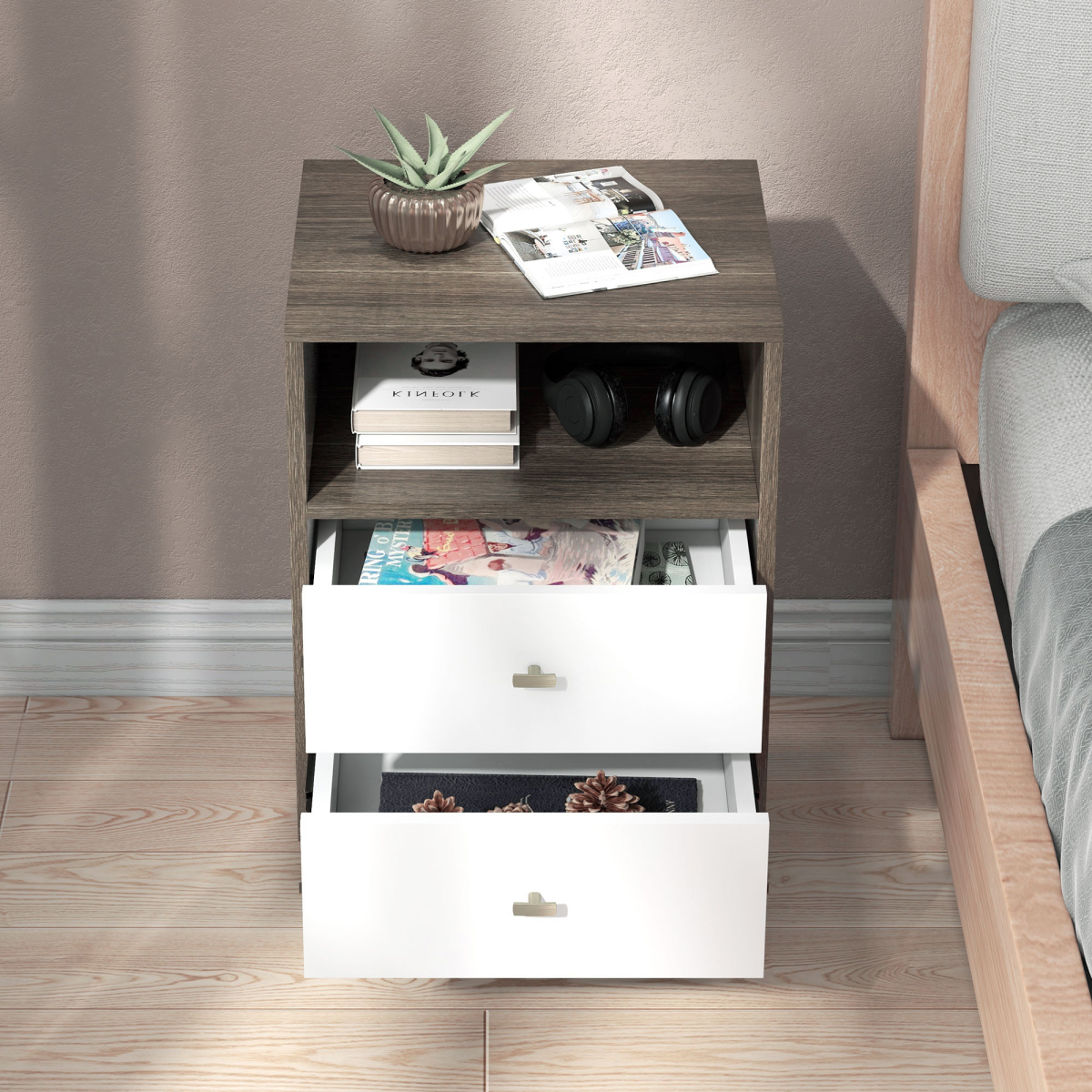 PawHut Set of 2 Bedside Tables, Nightstands with 2 Drawers & Open Cubby