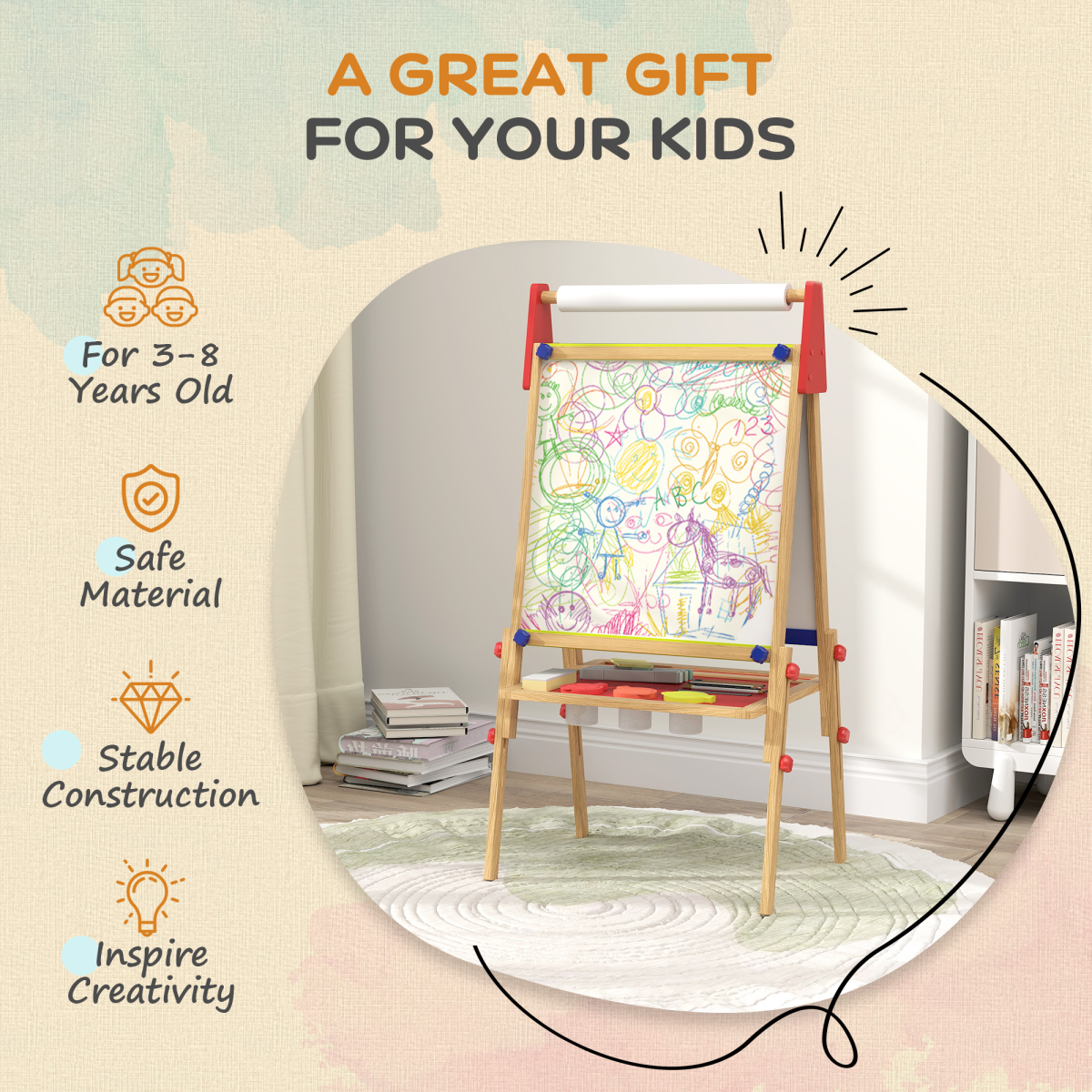 AIYAPLAY 3-in-1 Adjustable Kids Easel with Paper Roll and Storage Shelf
