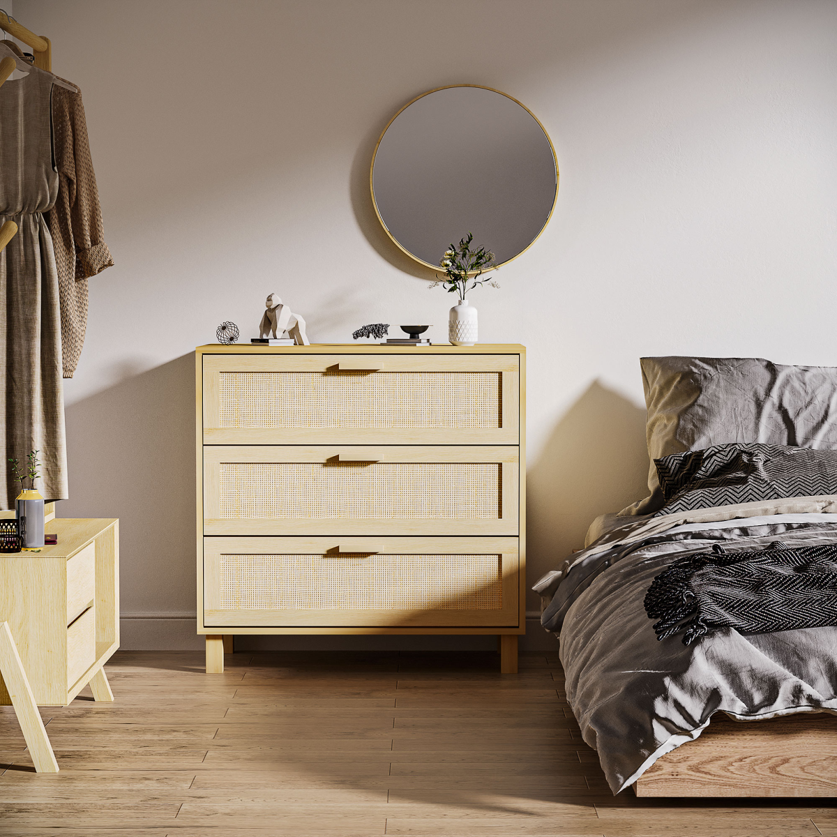 3 Drawer Freestanding Wooden Storage Cabinet with Rattan Weave Panels, Bedroom Chest of Drawers, 80cm Wide