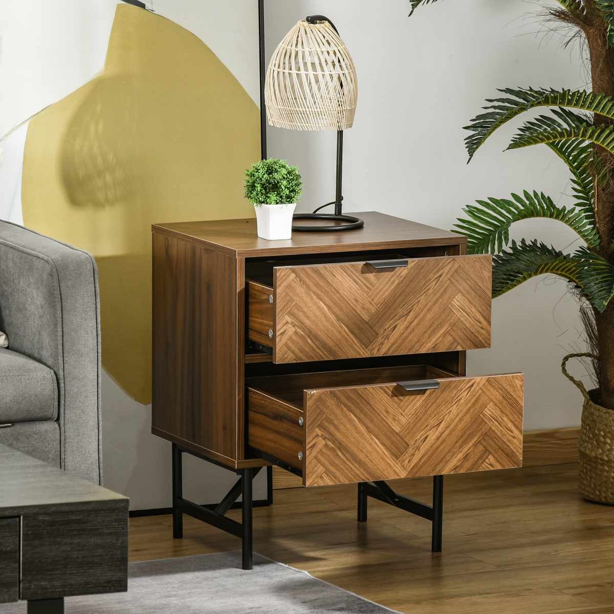 HOMCOM Side Cabinet with 2 Storage Drawers, Herringbone Pattern, Walnut Brown