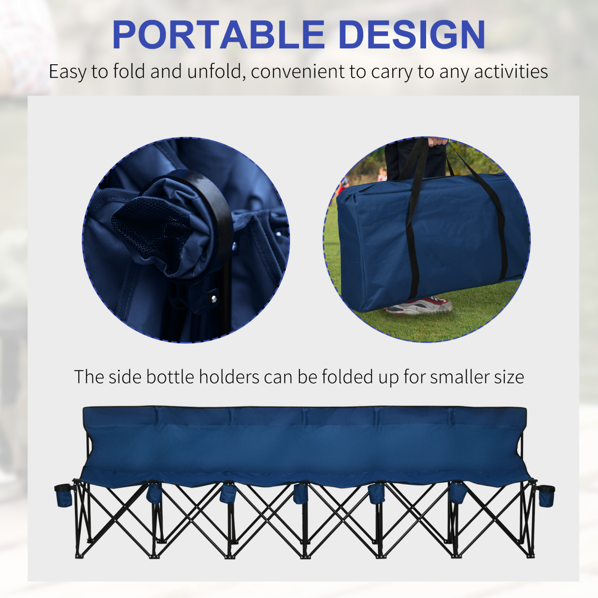 Outsunny 6-Seat Folding Bench Multi Deck Chair with Cup Holders, Folding Steel Frame, Blue