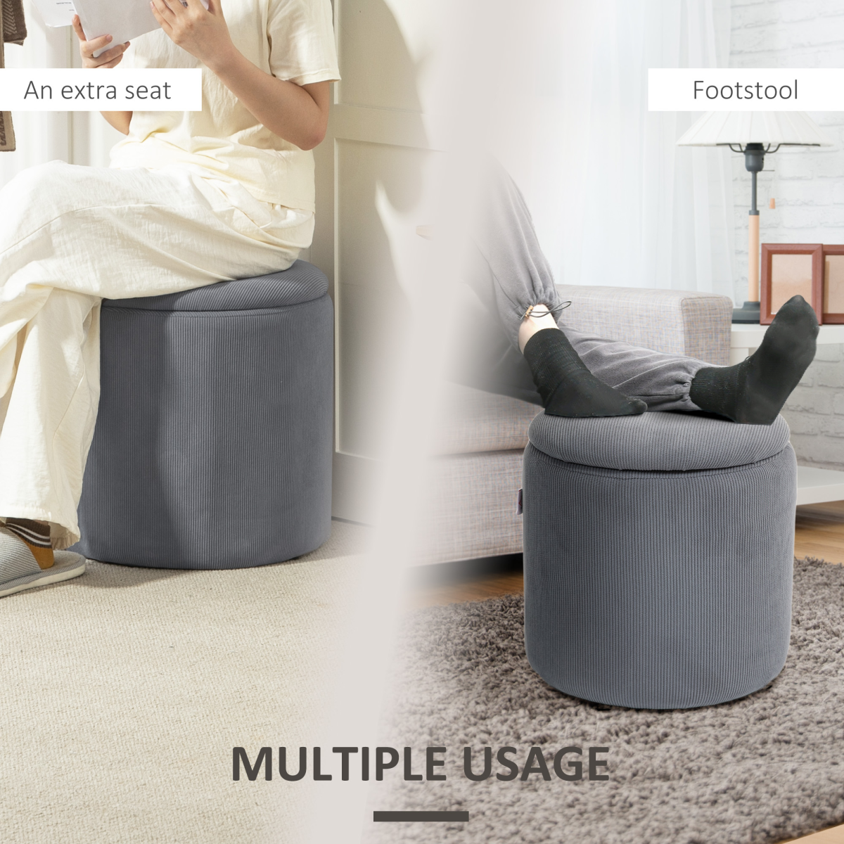 HOMCOM Set of 2 Fabric Storage Ottomans with Lids, Light Grey