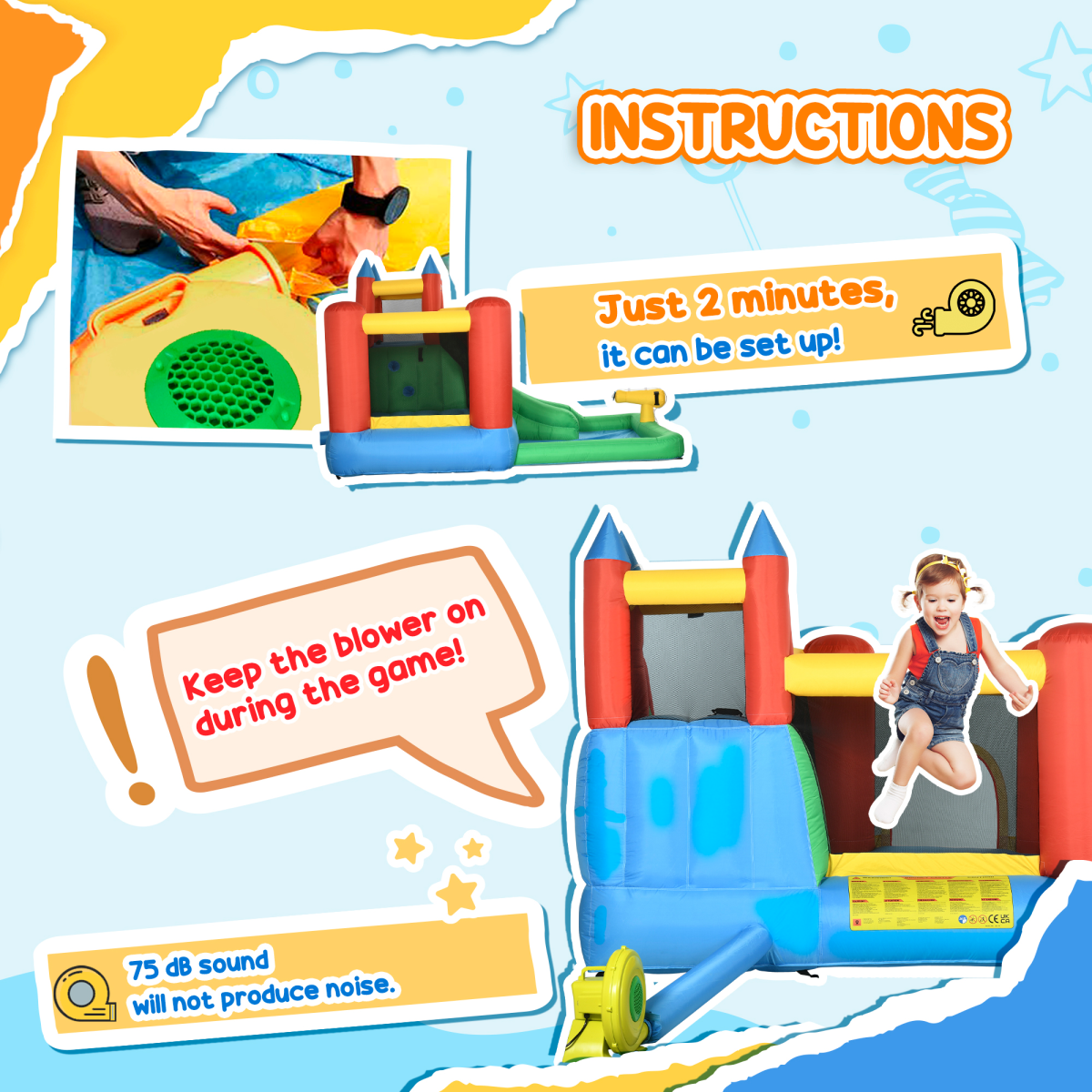 Outsunny Kids Bouncy Castle with Slide, Water Pool, Climbing Wall, Trampoline, Basket, Water Gun and Electric Blower