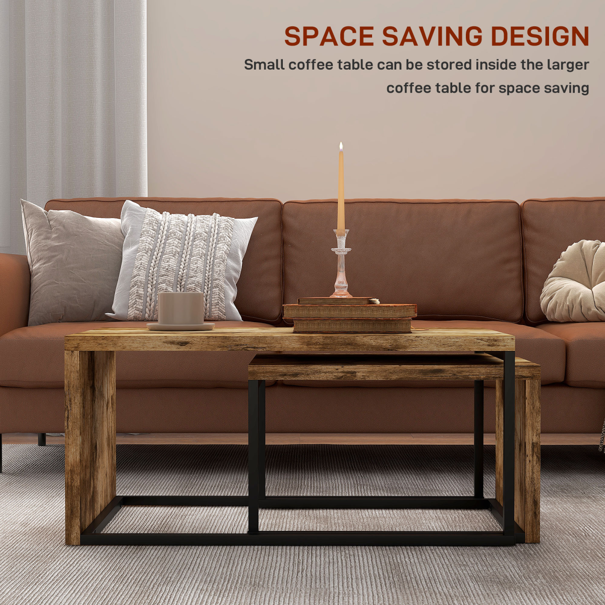 Set of 2 Wood Grain Coffee Tables with Black Base for Living Room
