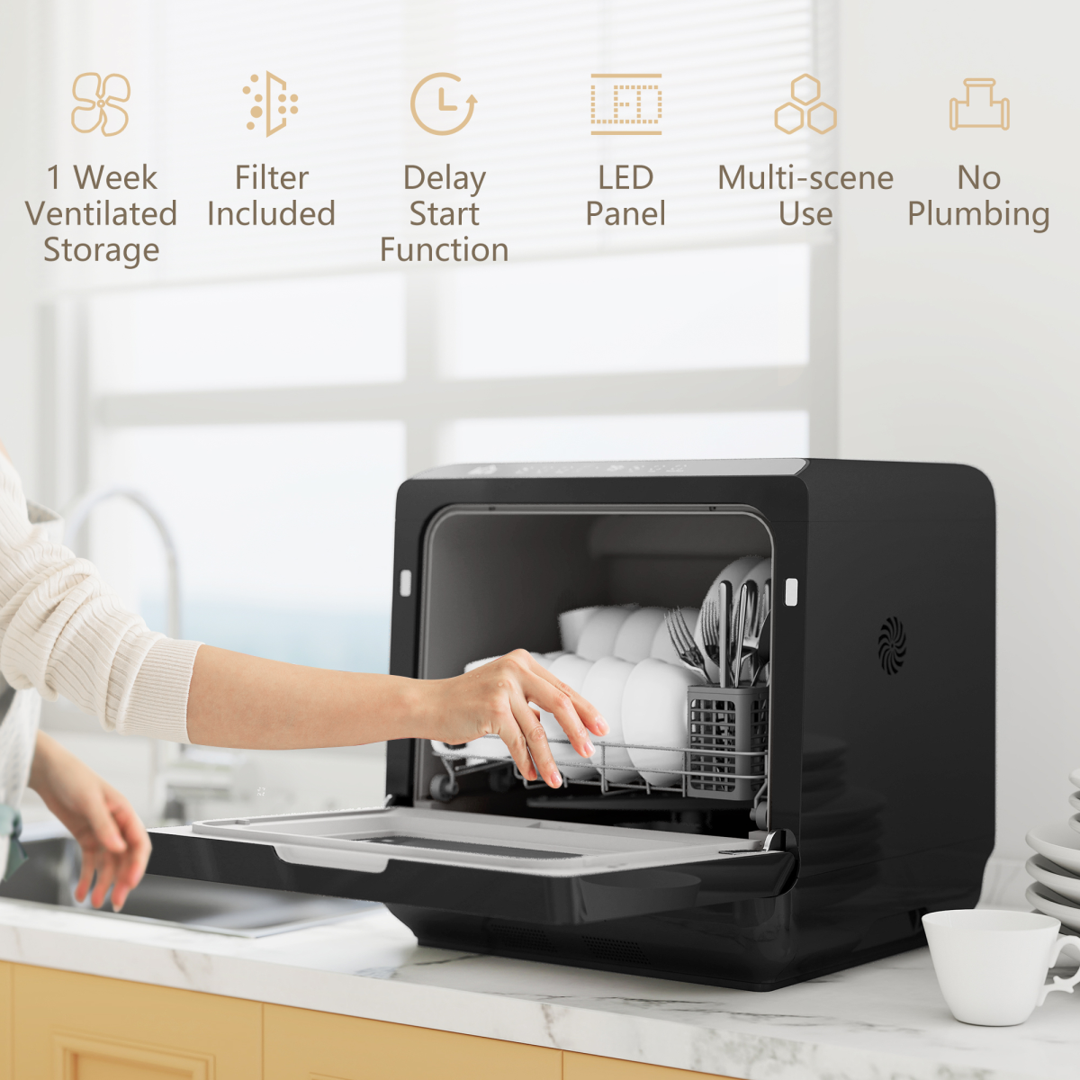 HOMCOM Compact Worktop Dishwasher, 4 Place Settings, 6 Programs, Black