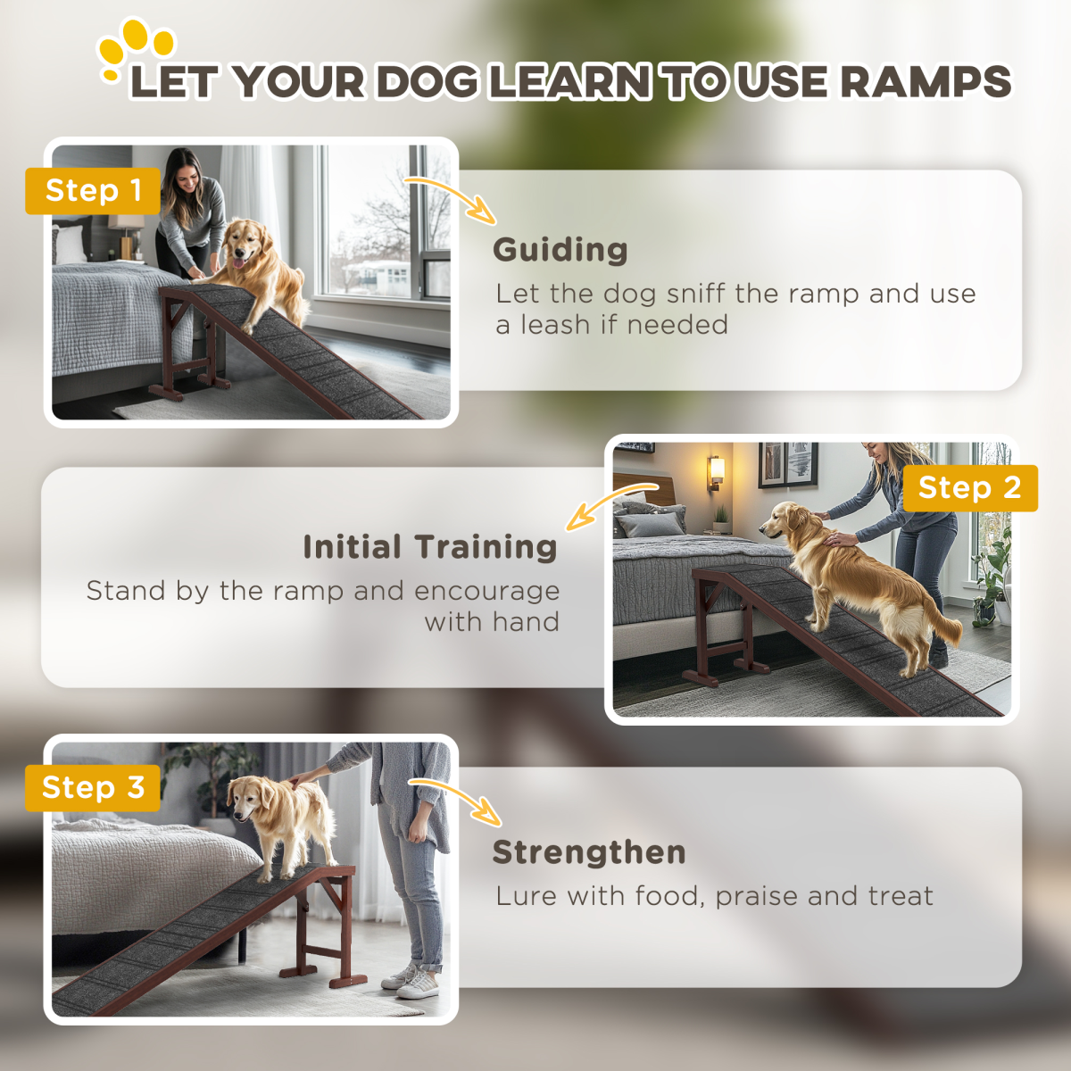 Pet Ramp for Dogs and Cats with Non-Slip Carpet, Pine Wood Ramp for Bed and Sofa, 188 x 40.5 x 63.5 cm, Pawhut