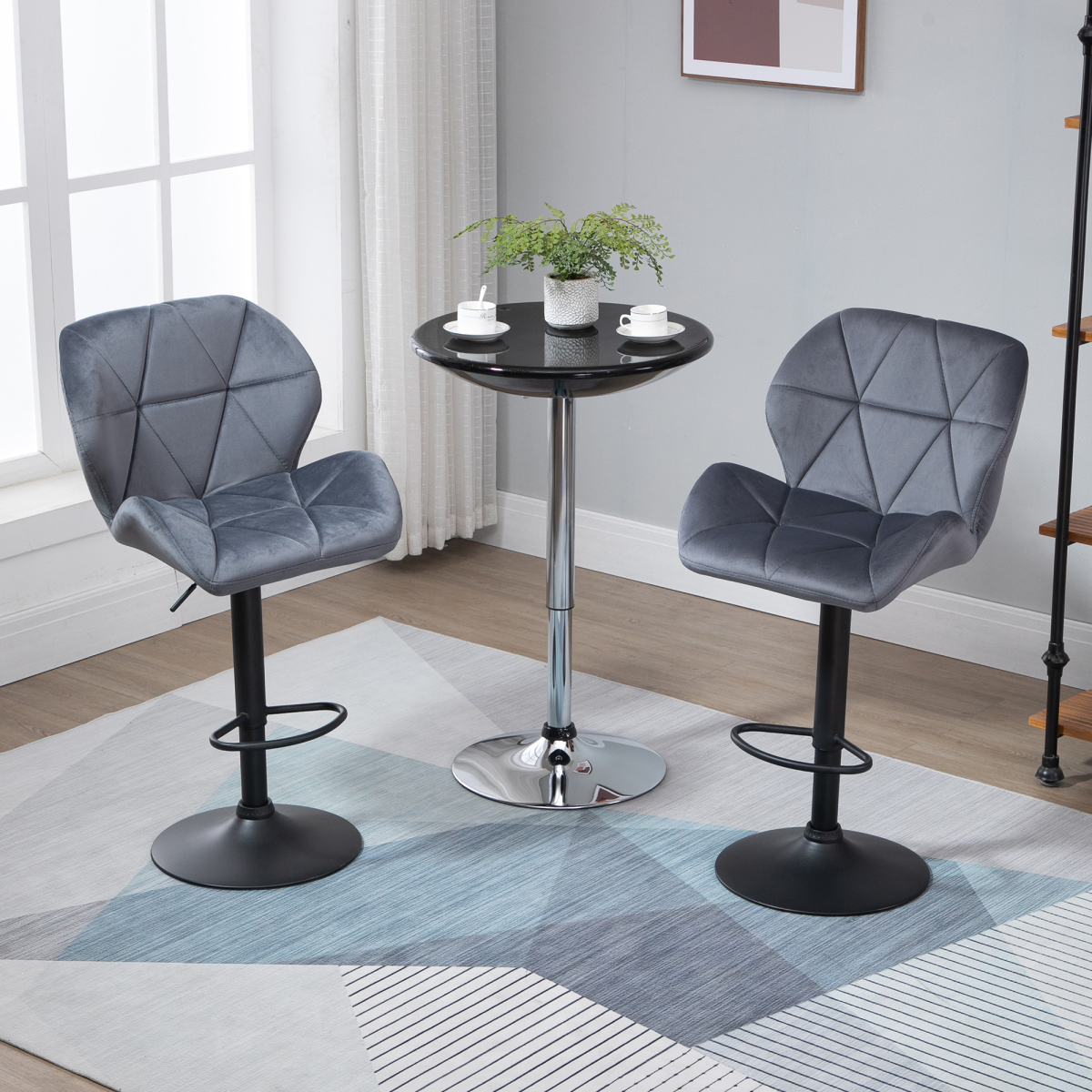 HOMCOM Set of 2 Adjustable Height Fabric Bar Stools Dark Grey
