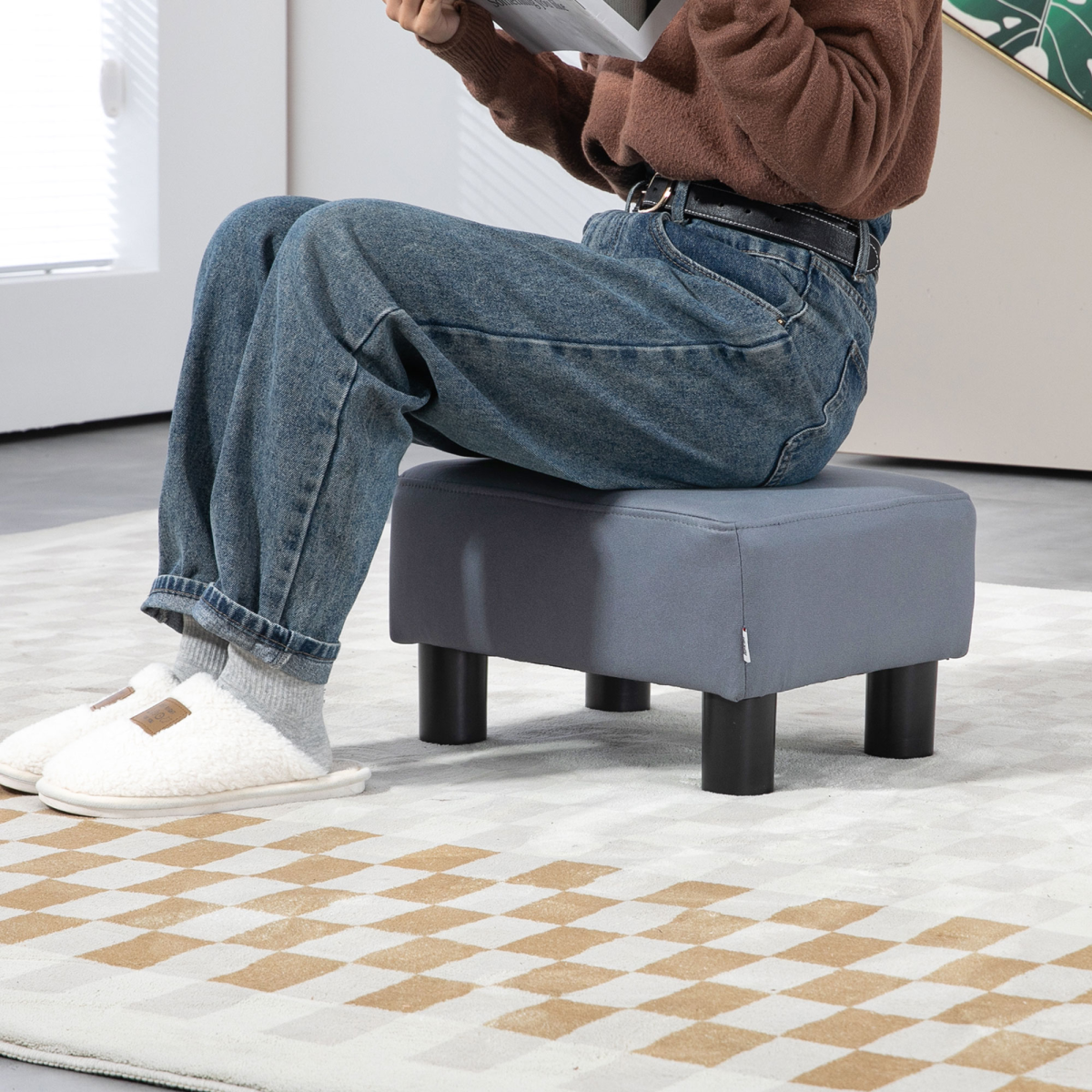 Grey PU Leather Ottoman Footstool for Home and Office, 40 x 30 x 24 cm