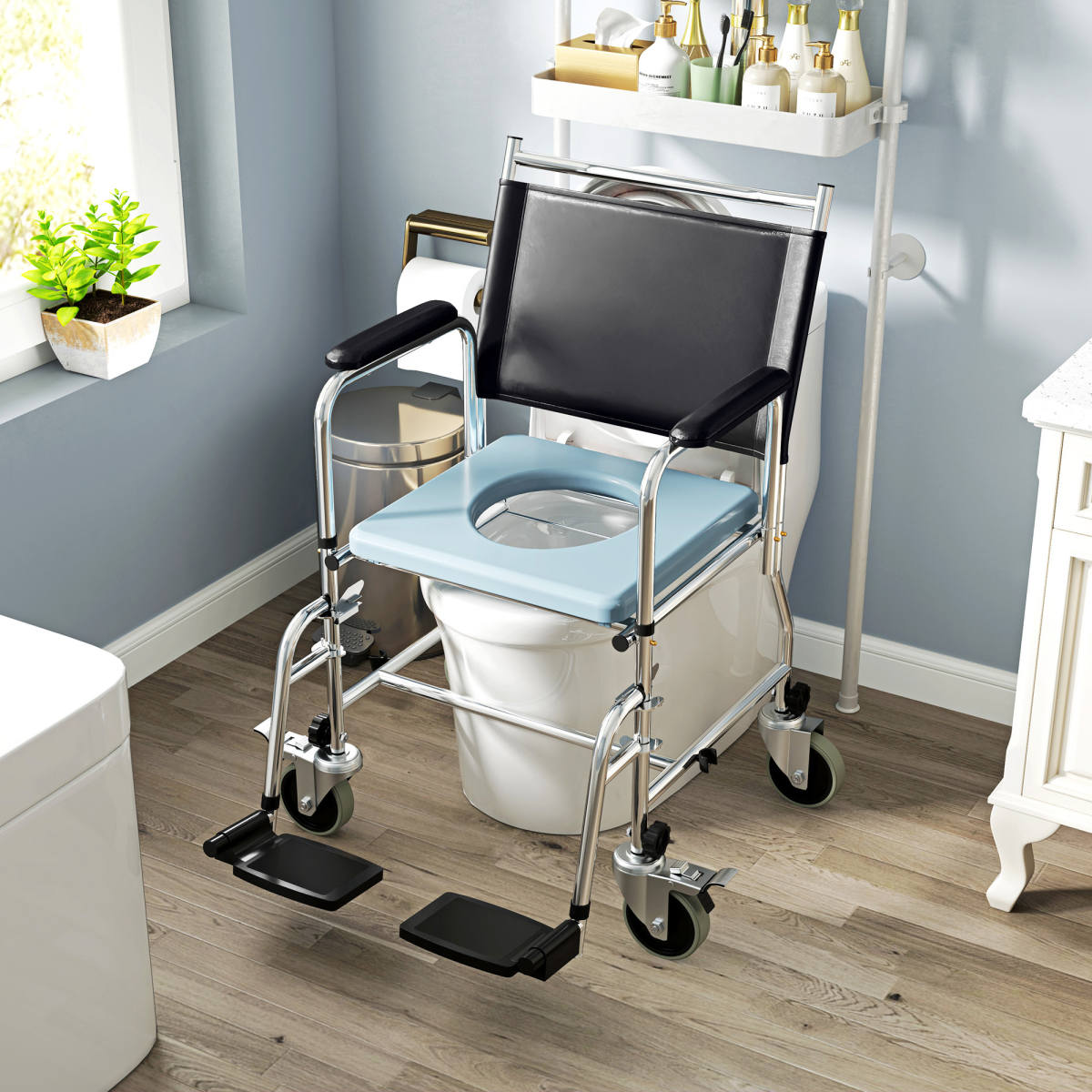 HOMCOM 3-in-1 Commode Shower Chair Wheelchair with Wheels