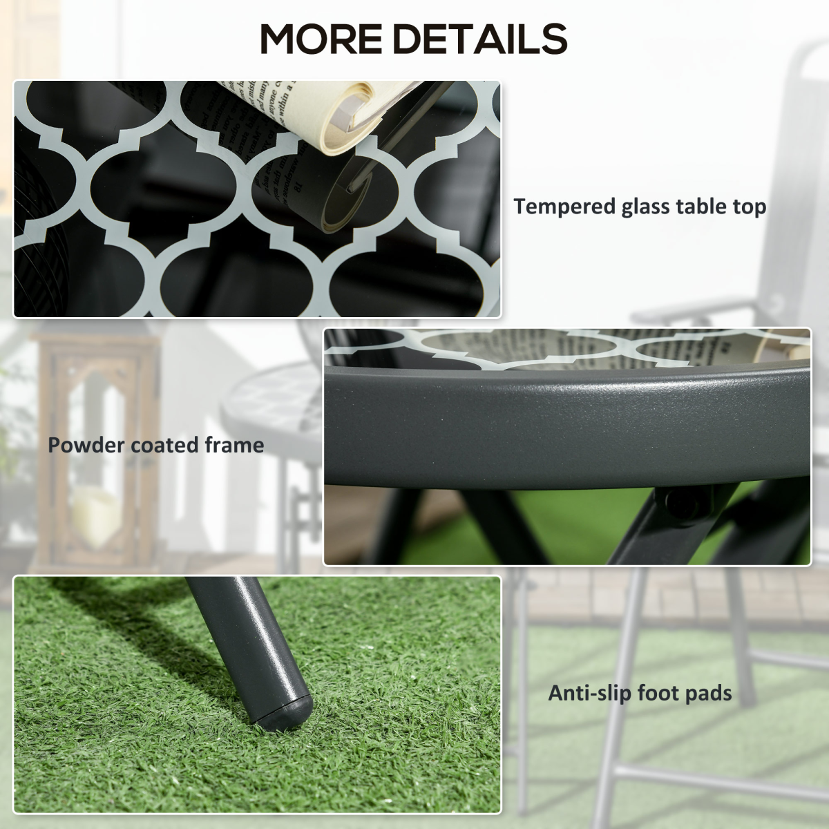 Outsunny Round Folding Side Table w/ Imitation Marble Glass Top, Black & White