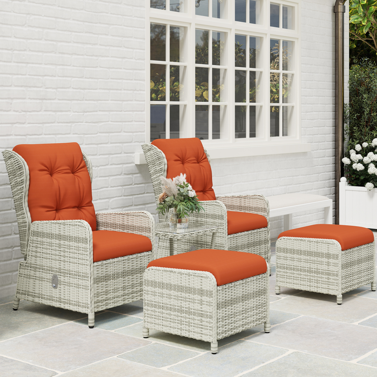 Outsunny 5-Piece Orange Rattan Reclining Garden Furniture Set