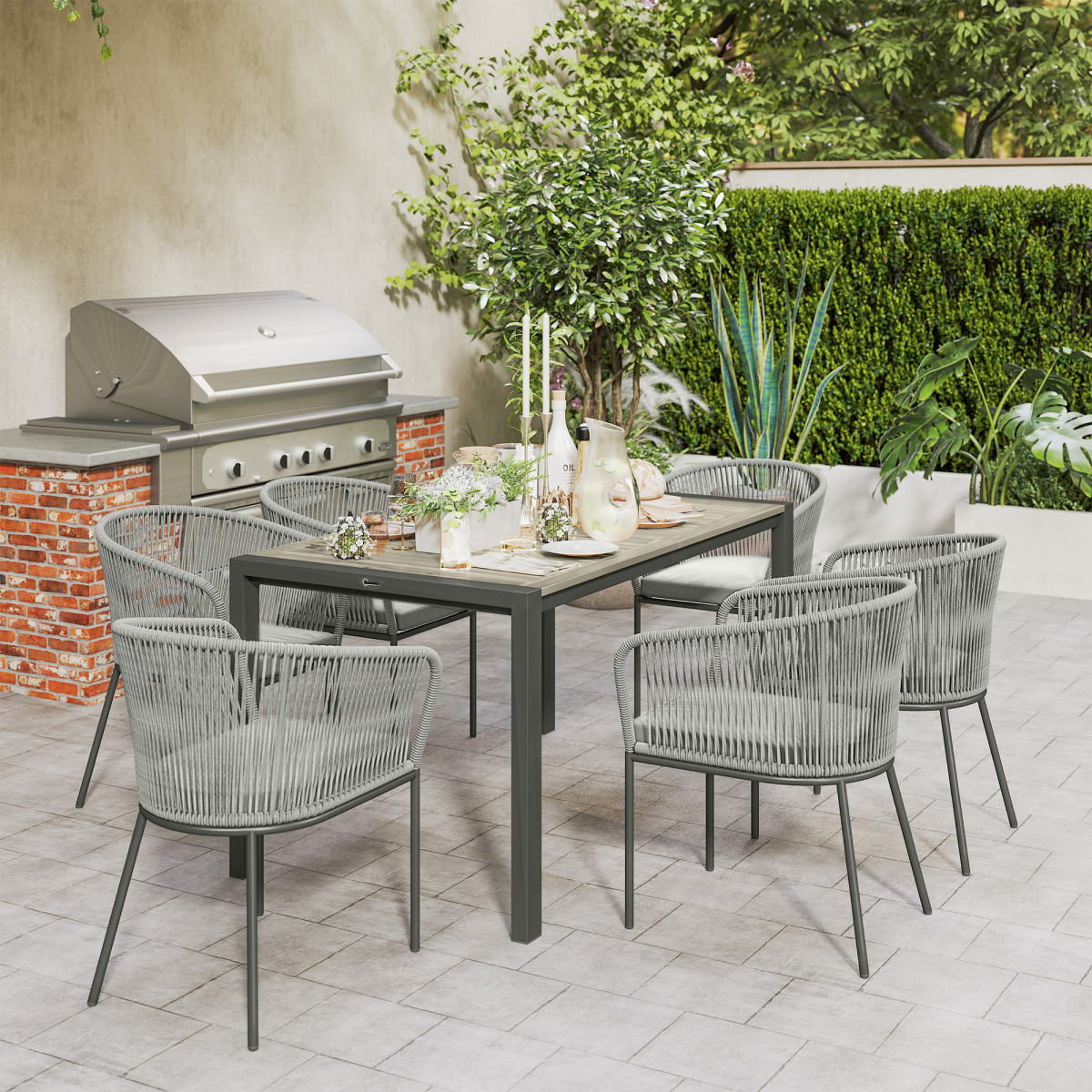 Outsunny 6-Seater Grey Rattan Dining Set with Acacia Wood Table and Cushions