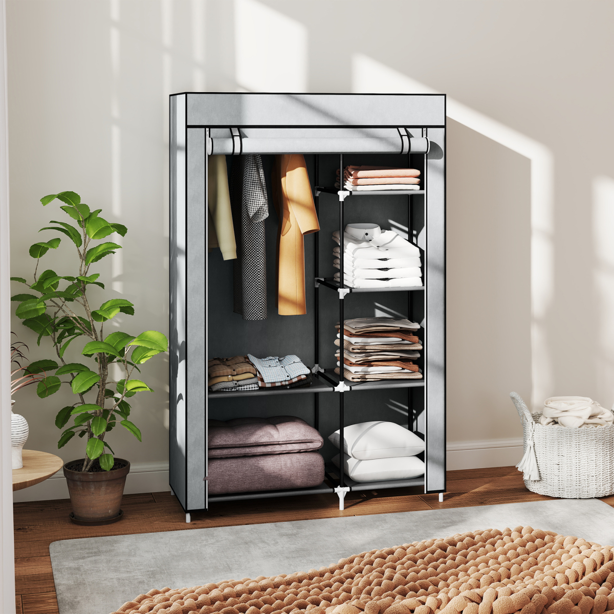 Portable Fabric Wardrobe with 6 Shelves, Hanging Rail, Light Grey