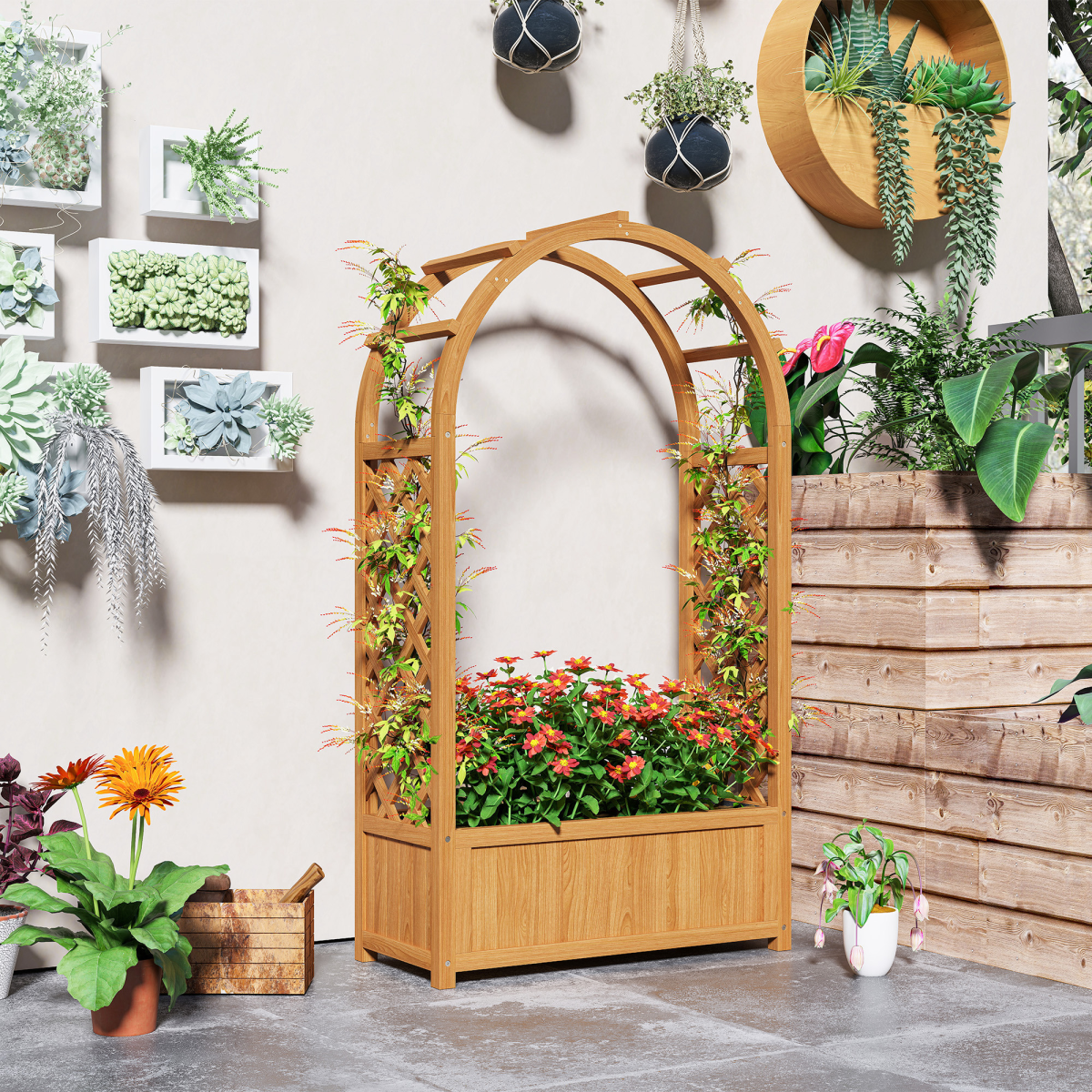 Outsunny Wooden Raised Garden Bed with Trellis & Fabric Liner