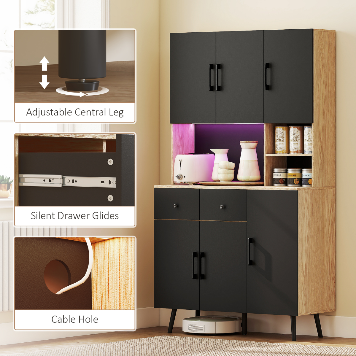 HOMCOM Tall Kitchen Cupboard with USB RGB LED Lights, Oak and Black
