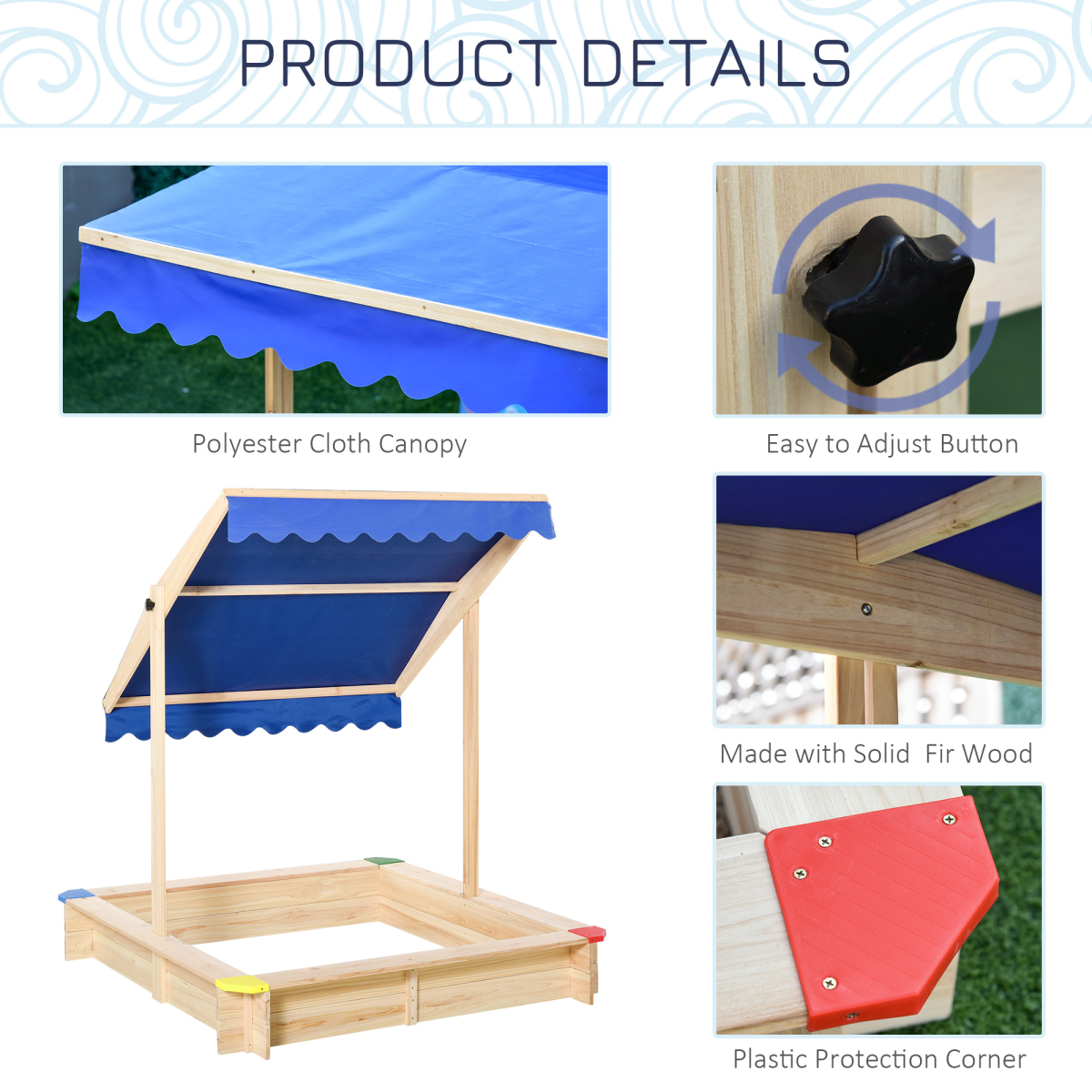 Outsunny Wooden Kids Sandbox Playset with Adjustable Canopy