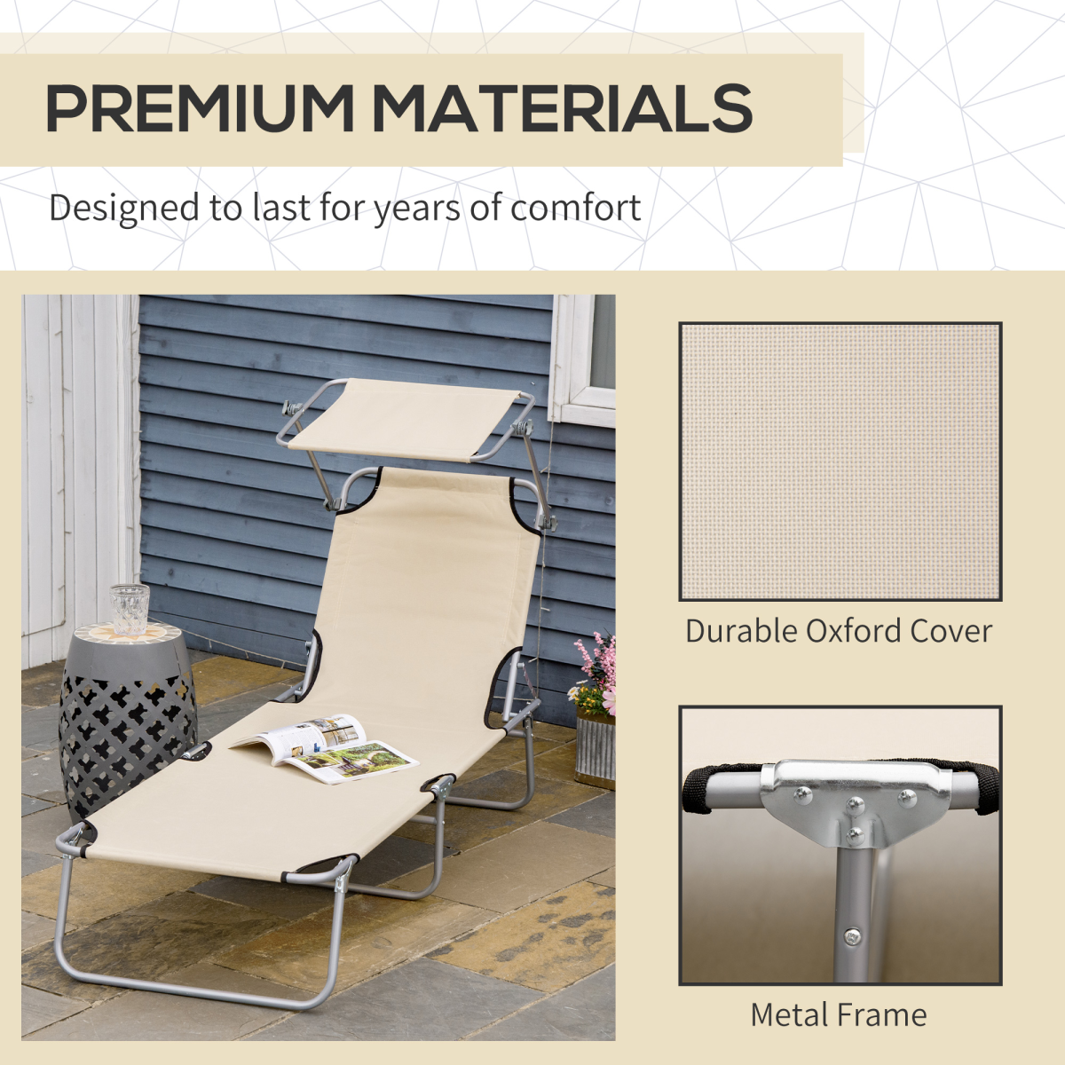 Outsunny Folding Sun Lounger Chair with Adjustable Canopy, Beige
